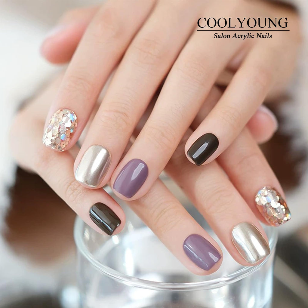 COOLYOUNG 25PC Short Glitter Press-On Nails | Soft Gel Acrylic, Reusable, Blush Pink & Black Mix