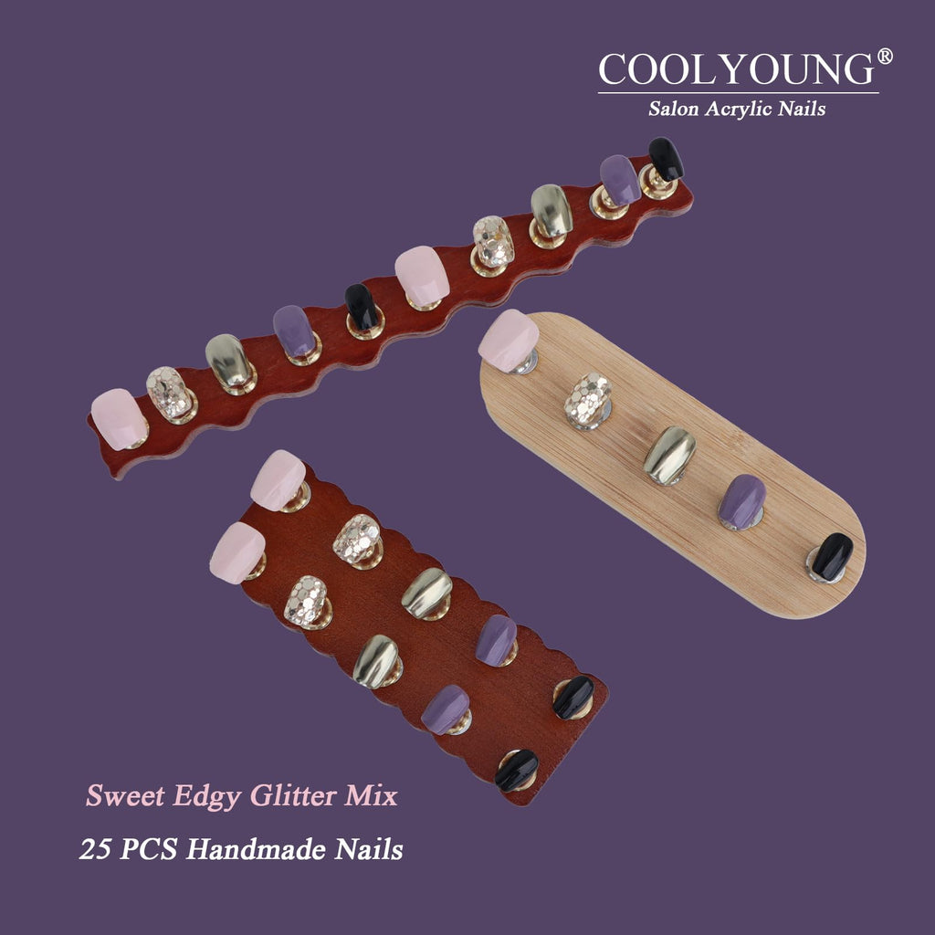 COOLYOUNG 25PC Short Glitter Press-On Nails | Soft Gel Acrylic, Reusable, Blush Pink & Black Mix