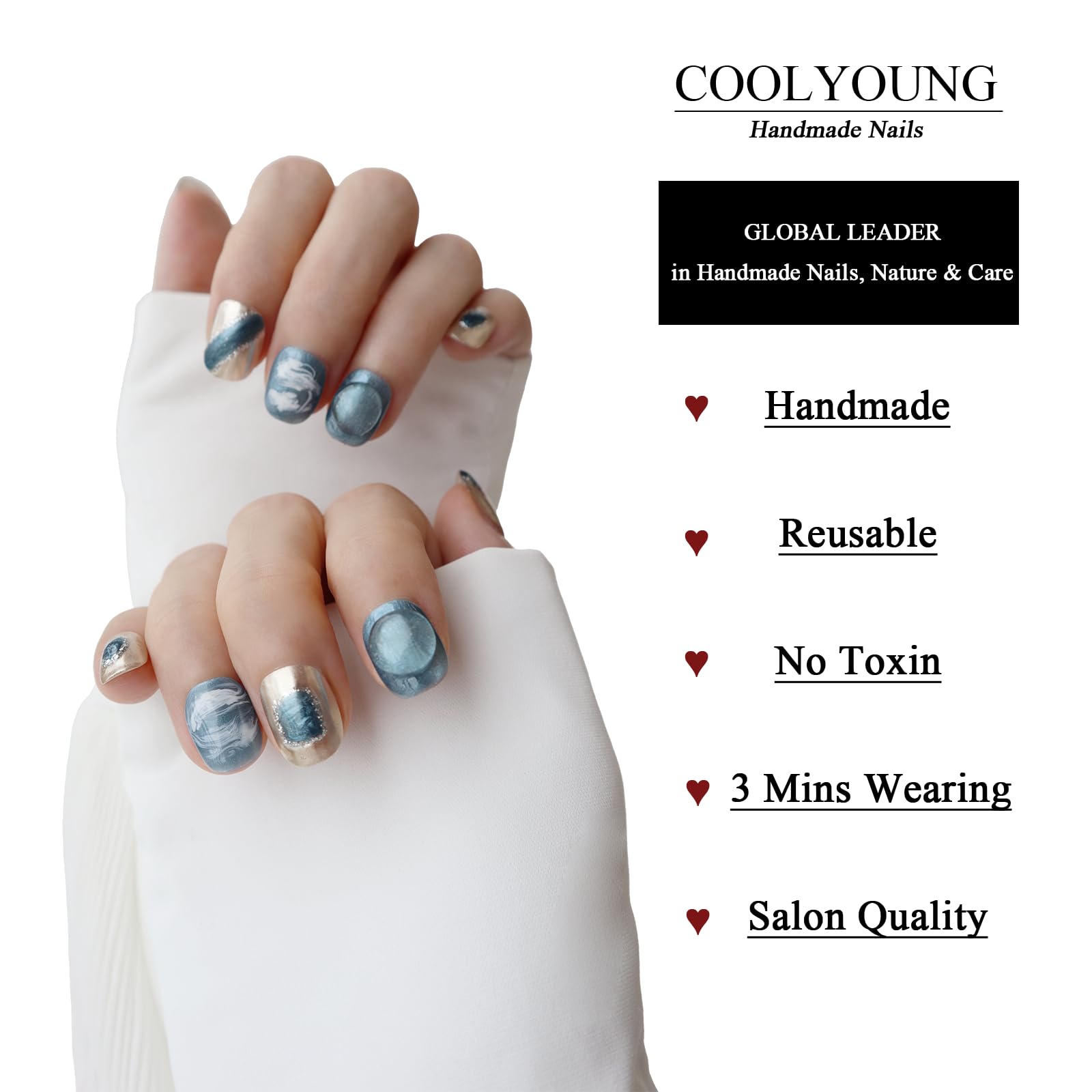 COOLYOUNG Short Square Press On Nails – Handmade Blue Acrylic, 10-Piece Set (Size S)