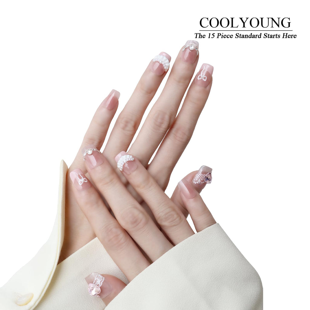COOLYOUNG Handmade Pink Short Press On Nails – 15 Pcs, Ballet Design, Quick 3-Minute Application