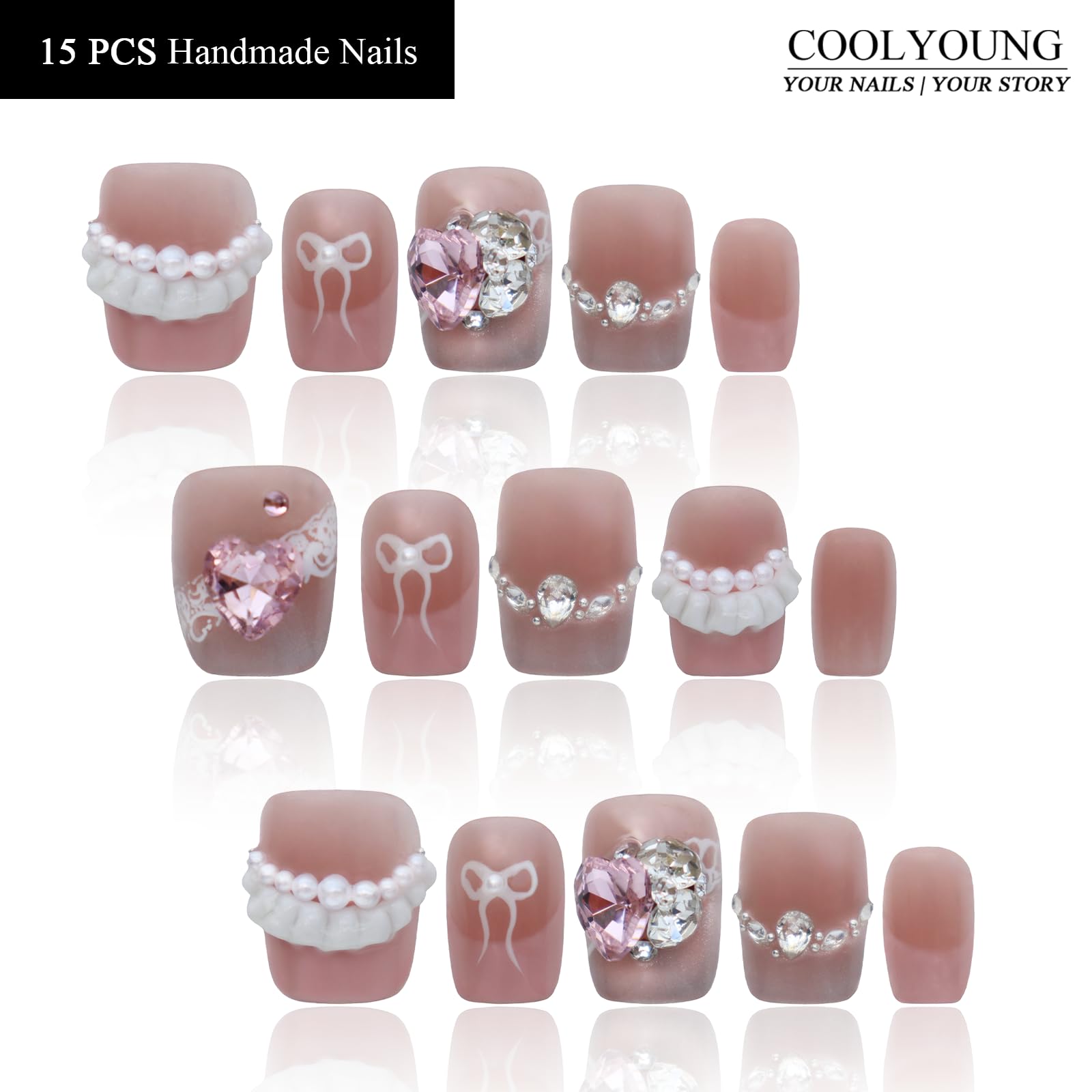 COOLYOUNG Handmade Pink Short Press On Nails – 15 Pcs, Ballet Design, Quick 3-Minute Application
