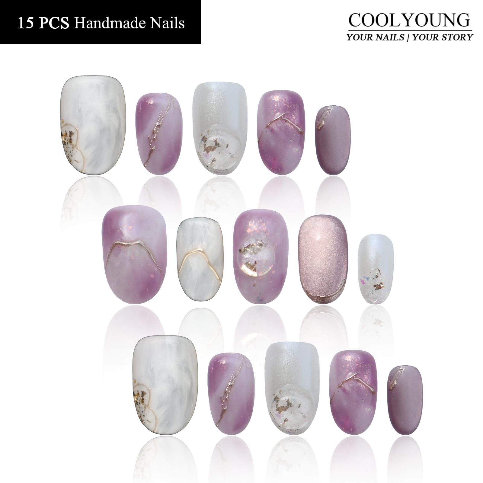 COOLYOUNG Handmade Short Almond Press On Nails – 15 PCS, 3 Sizes, French Tip with Rhinestones