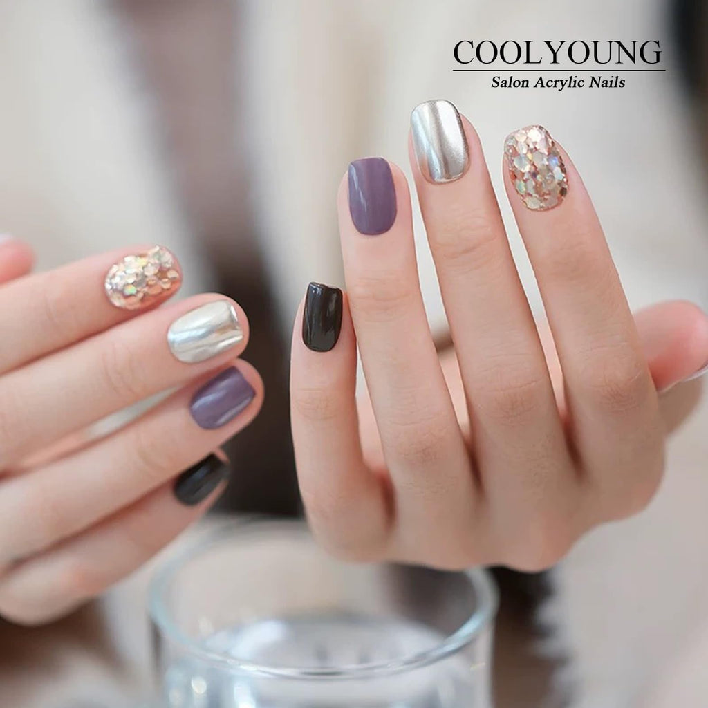 COOLYOUNG 25PC Short Glitter Press-On Nails | Soft Gel Acrylic, Reusable, Blush Pink & Black Mix