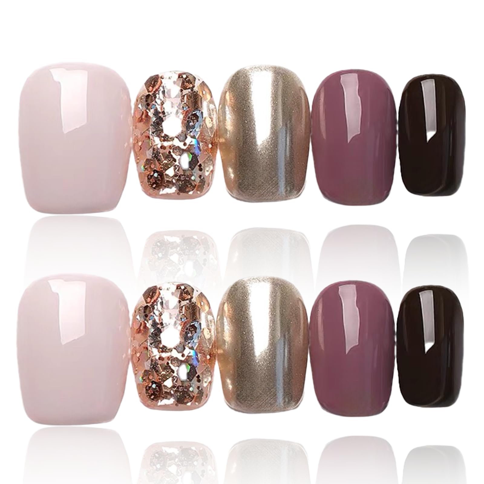 COOLYOUNG 25PC Short Glitter Press-On Nails | Soft Gel Acrylic, Reusable, Blush Pink & Black Mix