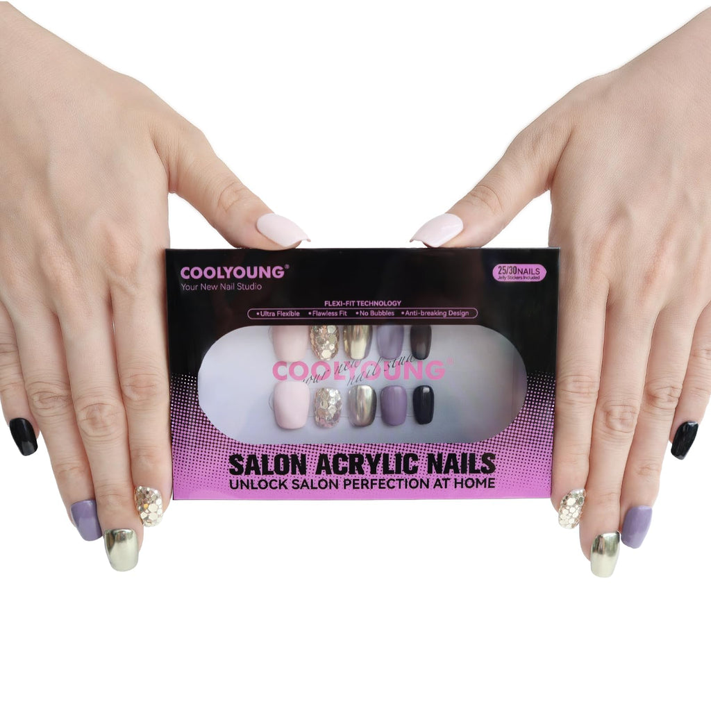 COOLYOUNG 25PC Short Glitter Press-On Nails | Soft Gel Acrylic, Reusable, Blush Pink & Black Mix