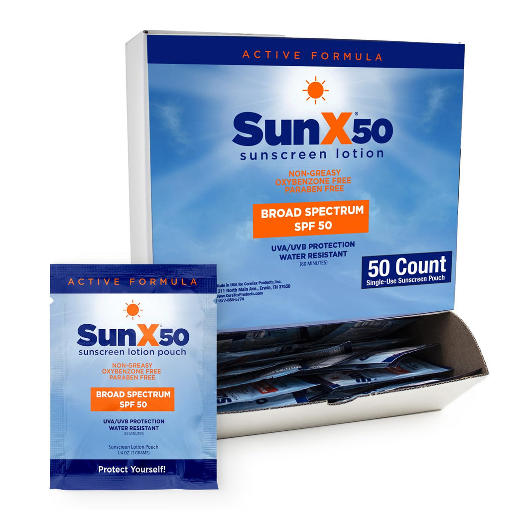 CoreTex Sun X 50 SPF Packets – Broad Spectrum, 80-Minute Water-Resistant, Oil-Free, Reef-Safe Sunscreen – Paraben/Oxybenzone/Octinoxate Free – Made in USA (Pack of 50)