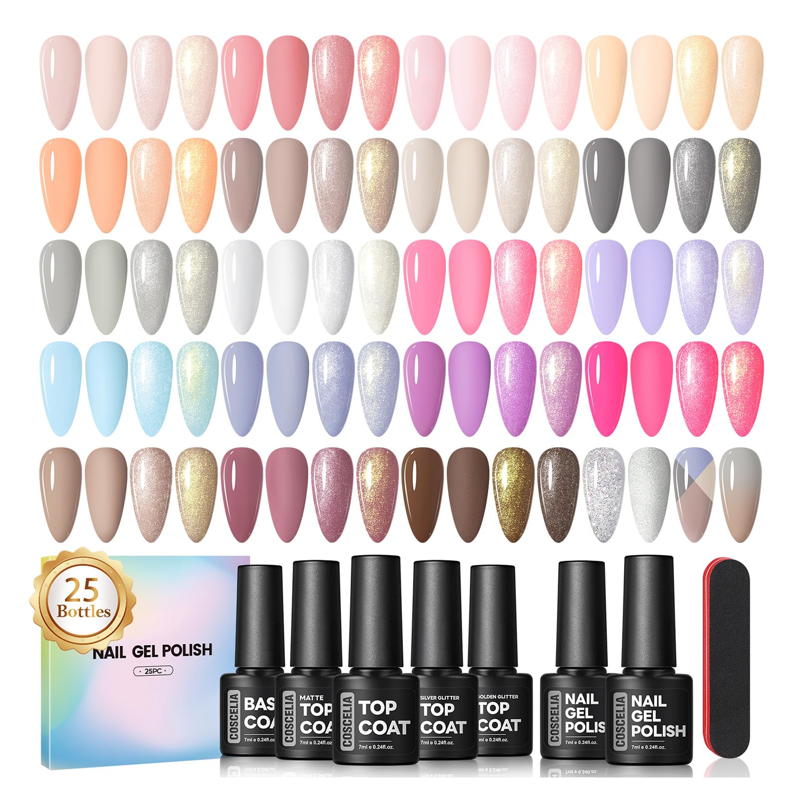 COSCELIA 25 Bottles Gel Nail Polish Set – 20 Colors + 5pc Top/Base Coat Kit