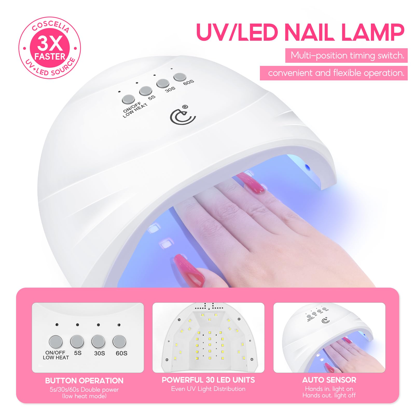COSCELIA 60-Piece Gel Nail Polish Kit with UV Light — 55 Shades, 5 Top/Base Coats, Rhinestones