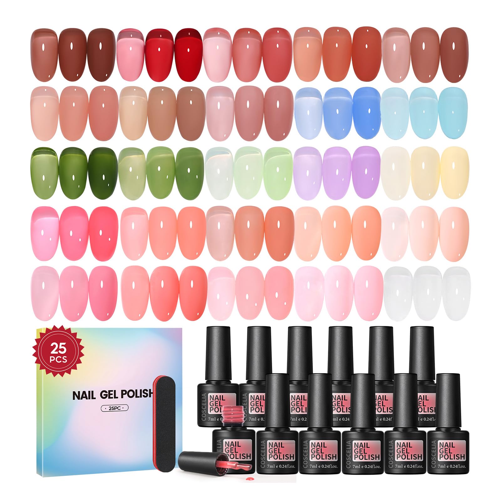 COSCELIA Jelly Gel Polish Set 25pc – Brown Spring Colors, Translucent Milky Gel Nail Polish