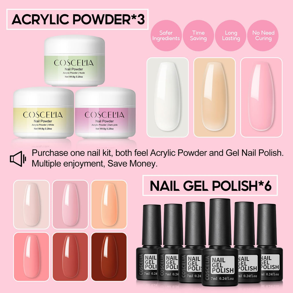 COSCELIA Acrylic Nail Kit for Beginners | All-in-One 3 Powders & 6 Gel Polishes