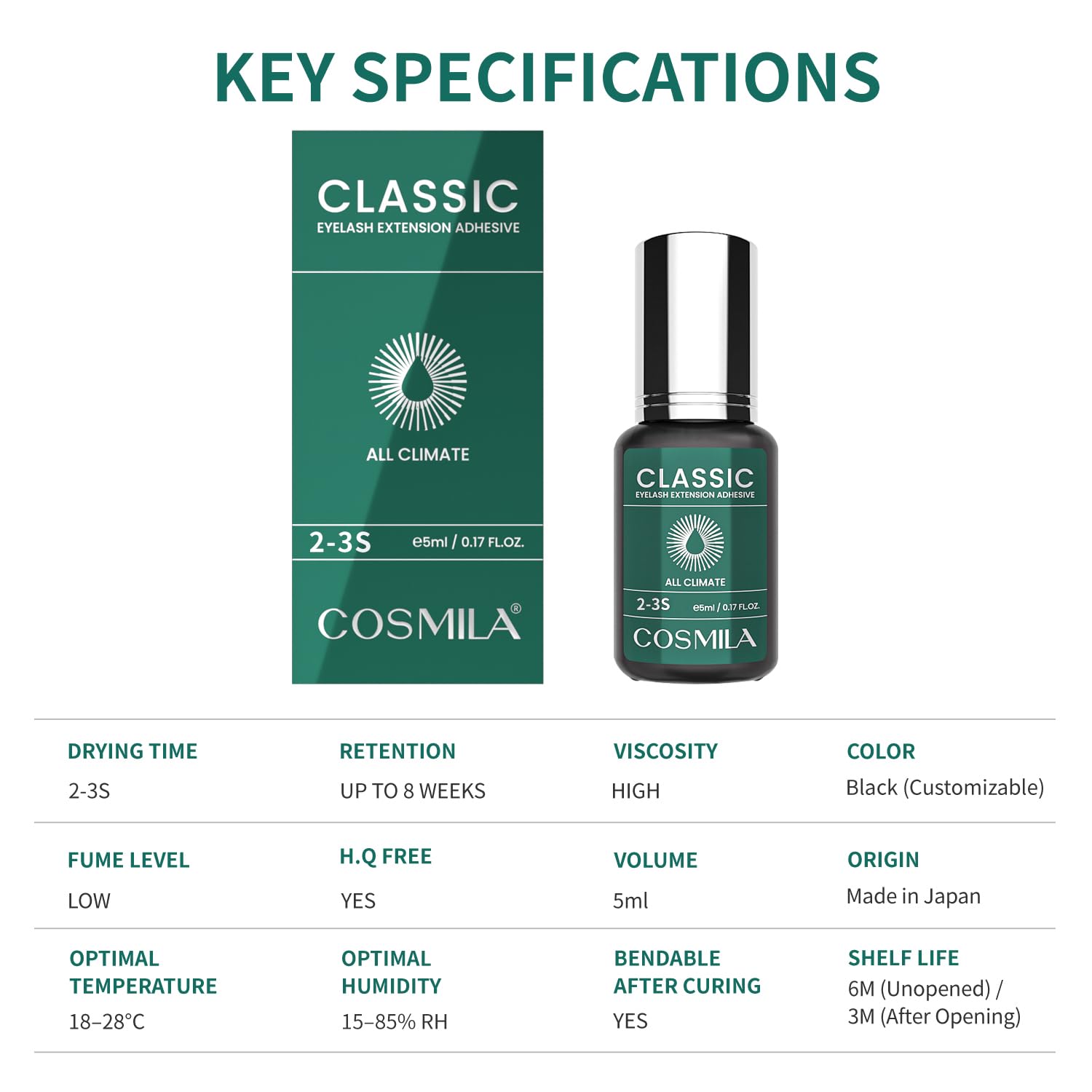 COSMILA Classic Eyelash Extension Glue – HQ Free, Made in Japan, All-Climate, 8 Weeks Retention – 5ml (2–3s)