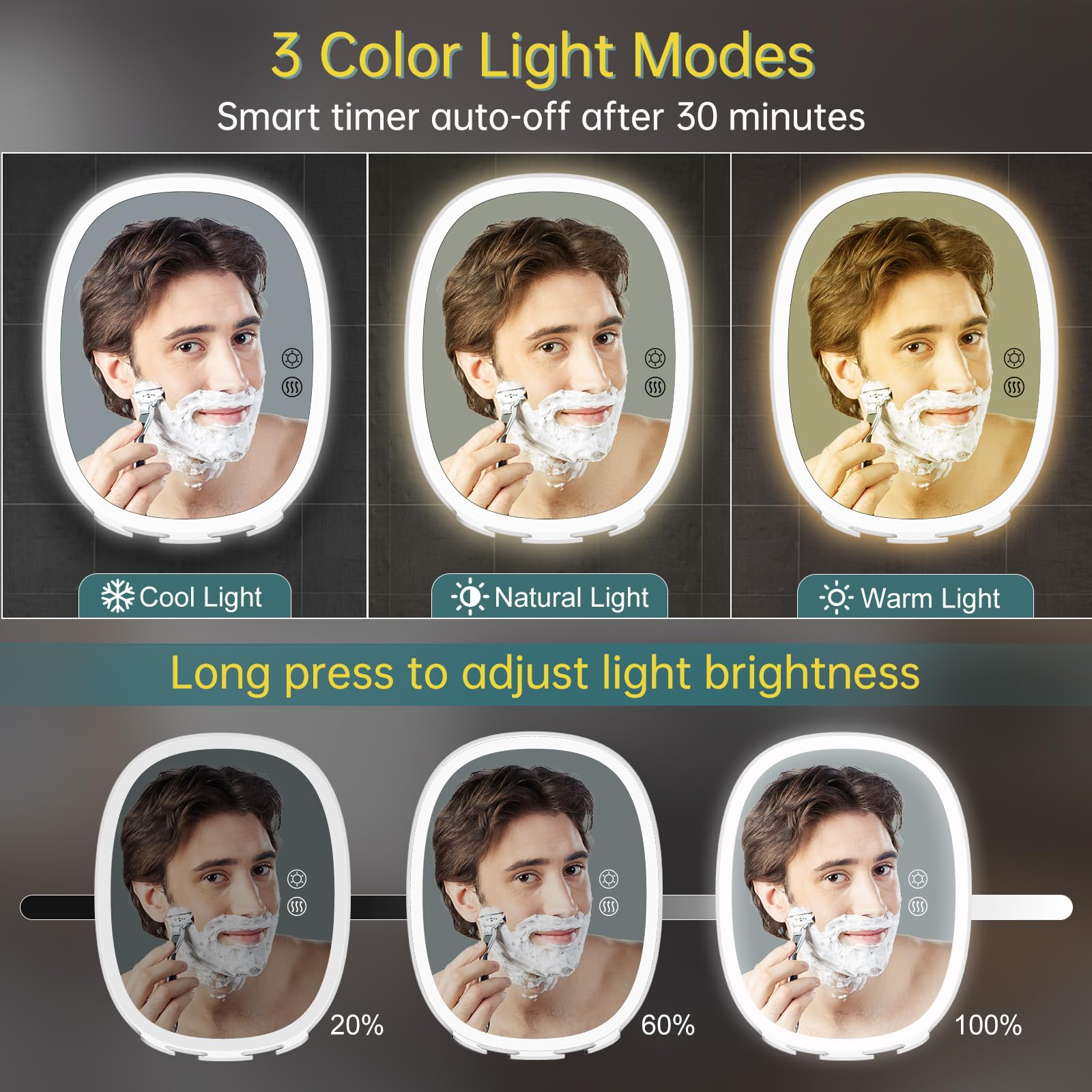 COSMIRROR Heated Shower Mirror Fogless for Shaving – 5000mAh Rechargeable, 3-Color Lights, 360° Rotation