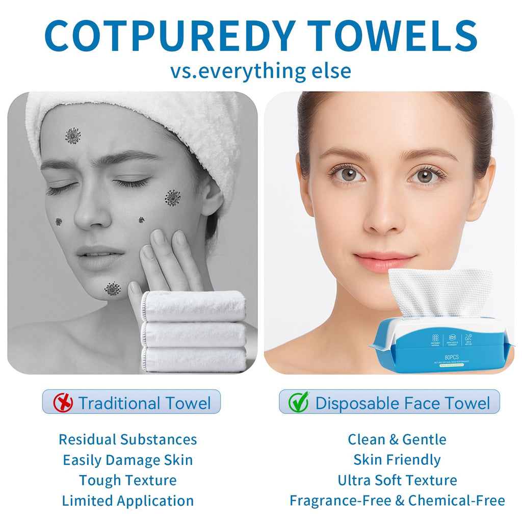 Cotpuredy Face Towels – Disposable Biodegradable Cleansing Towelettes (480 ct, 6 packs)