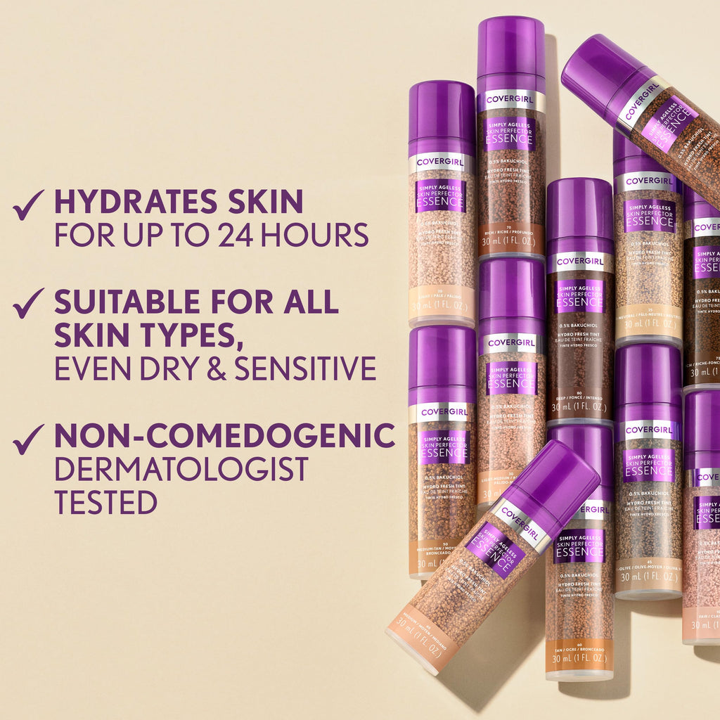 CoverGirl Simply Ageless Essence Foundation 45 Medium-Olive – Hydrating Skincare Makeup Hybrid