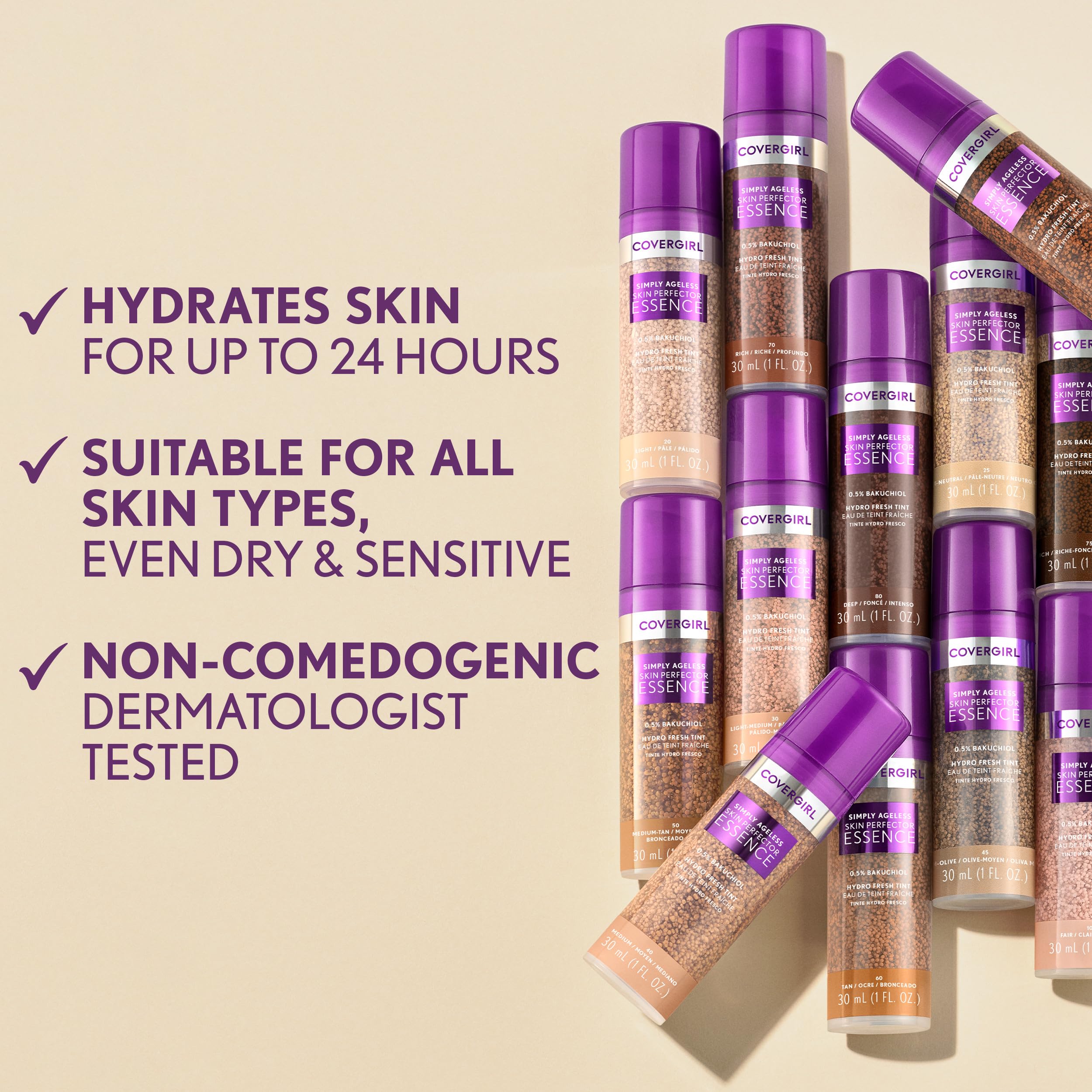 CoverGirl Simply Ageless Essence Foundation 45 Medium-Olive – Hydrating Skincare Makeup Hybrid