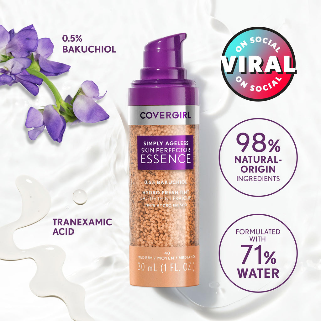 Covergirl Simply Ageless Skin Perfector Essence Foundation – 60 Tan | Vegan Skincare Makeup Hybrid, Sheer Tint, Radiant Finish