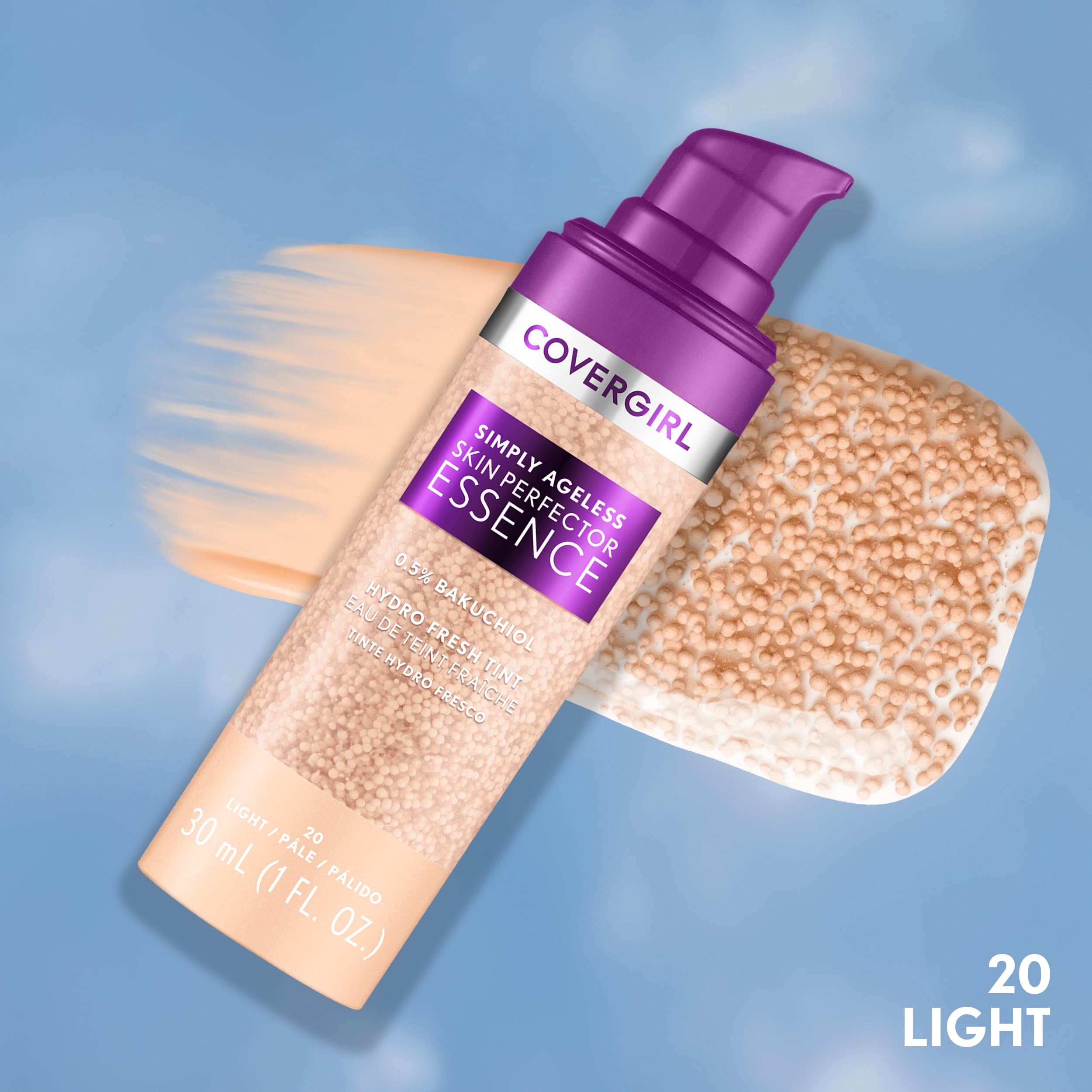 CoverGirl Simply Ageless Skin Perfector Essence Foundation, 20 Light – Vegan Tinted Skincare Makeup Hybrid, 1.0oz