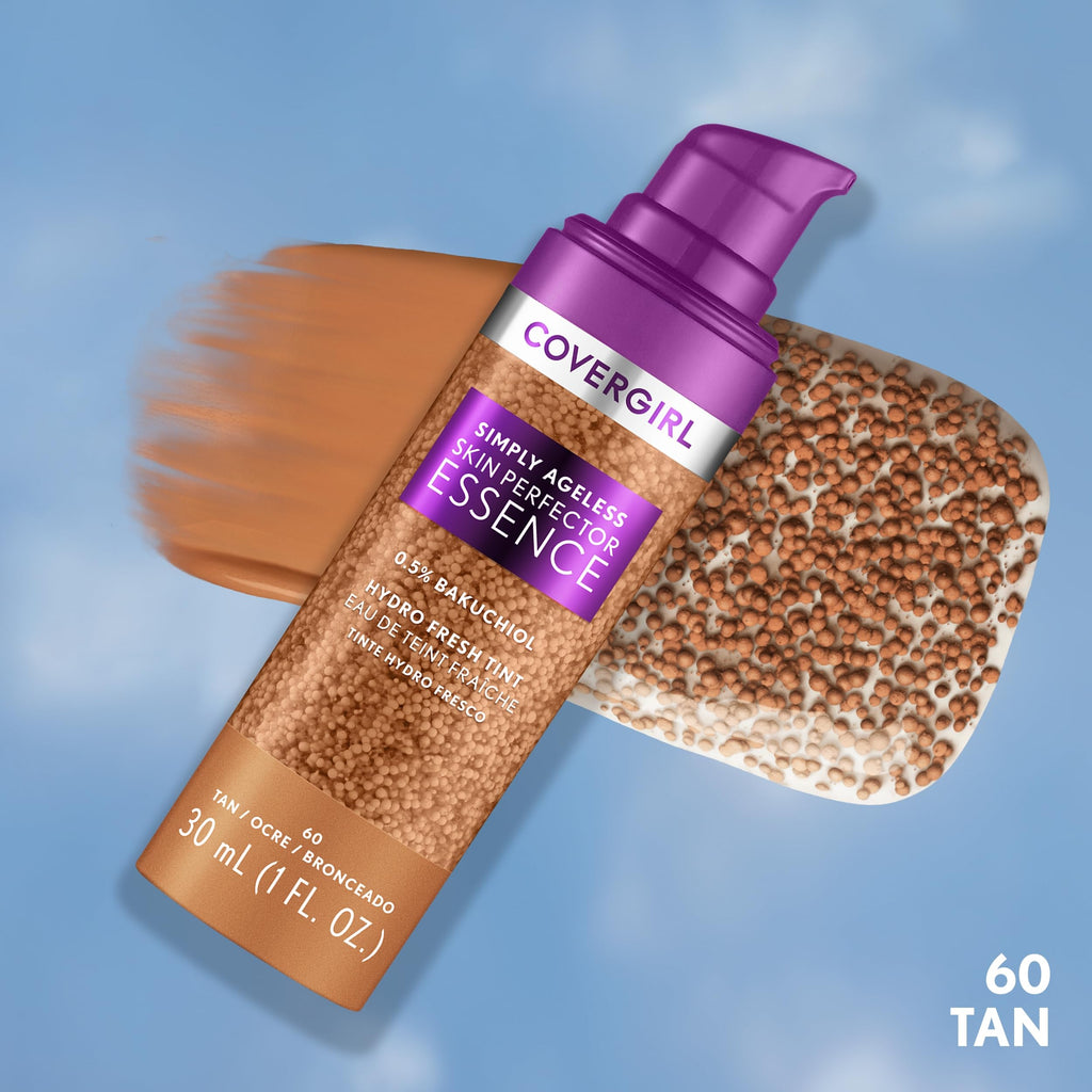 Covergirl Simply Ageless Skin Perfector Essence Foundation – 60 Tan | Vegan Skincare Makeup Hybrid, Sheer Tint, Radiant Finish