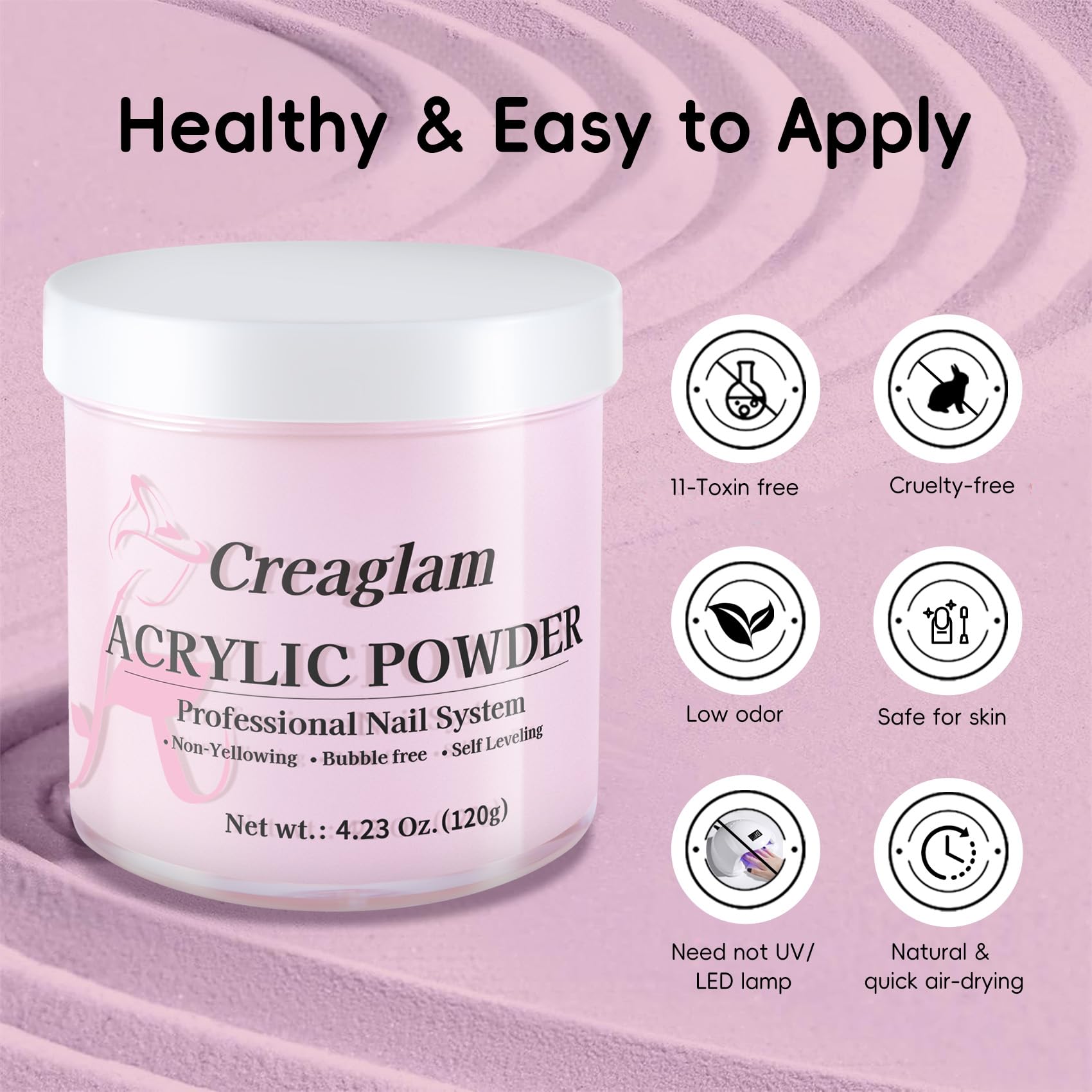 Creaglam Acrylic Powder 120g | No Lamp Needed for Nail Extensions | Bubble-Free Formula