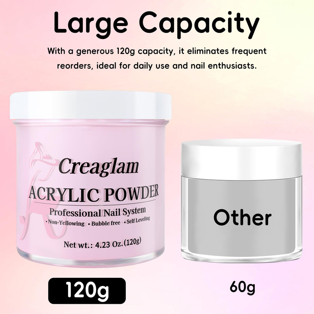 Creaglam Acrylic Powder 120g | No Lamp Needed for Nail Extensions | Bubble-Free Formula