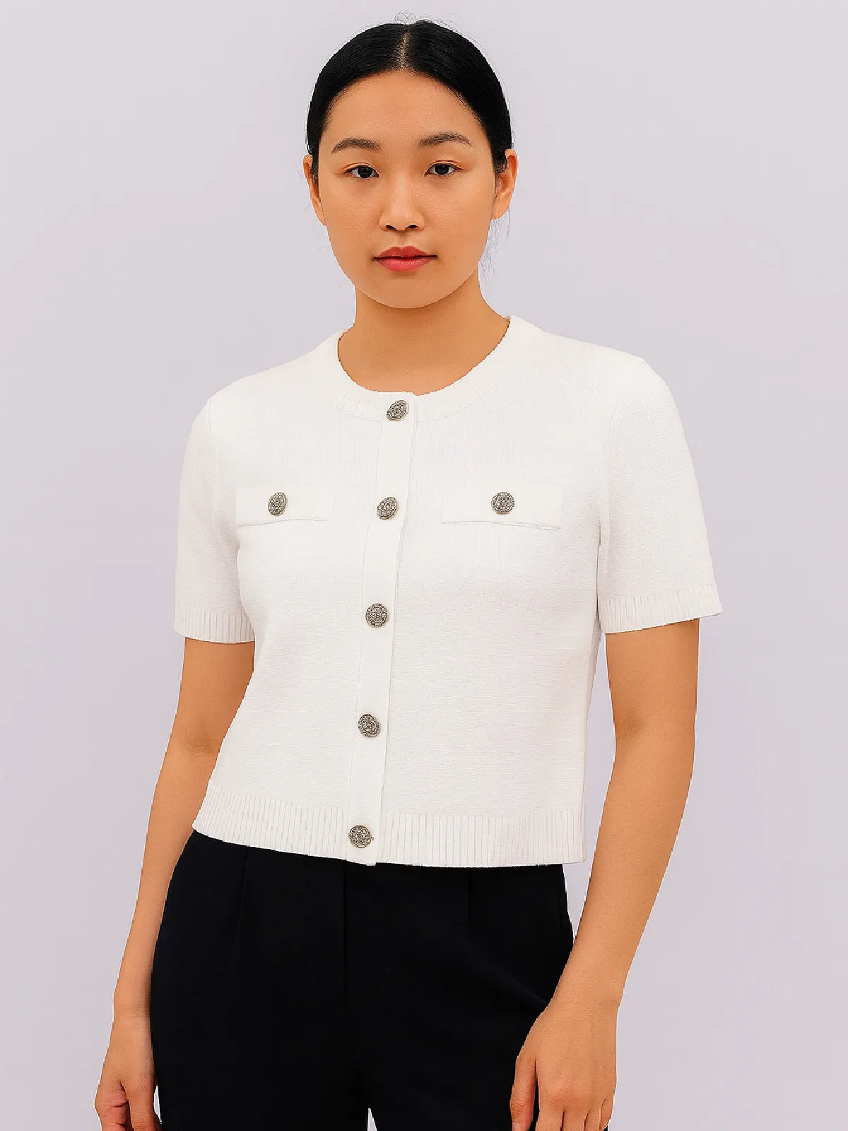 Ladies Short Sleeve Button Cardigan
