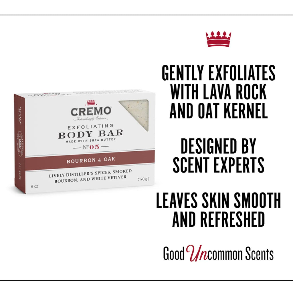 Cremo Bourbon & Oak Exfoliating Body Bars (3-Pack) – Distiller's Spice, Bourbon & Oak Scent