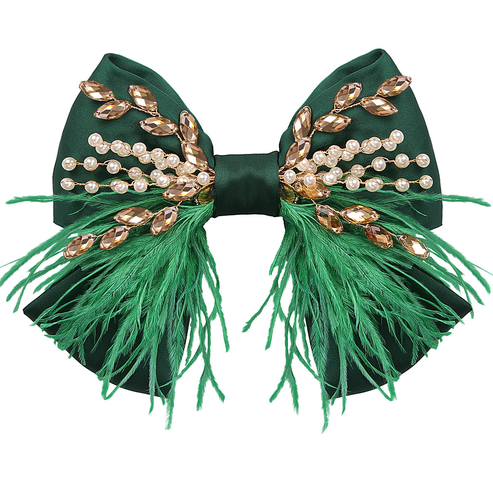 CROWN GUIDE Large Green Hair Bows Clips – Satin Silk, Pearl Crystals