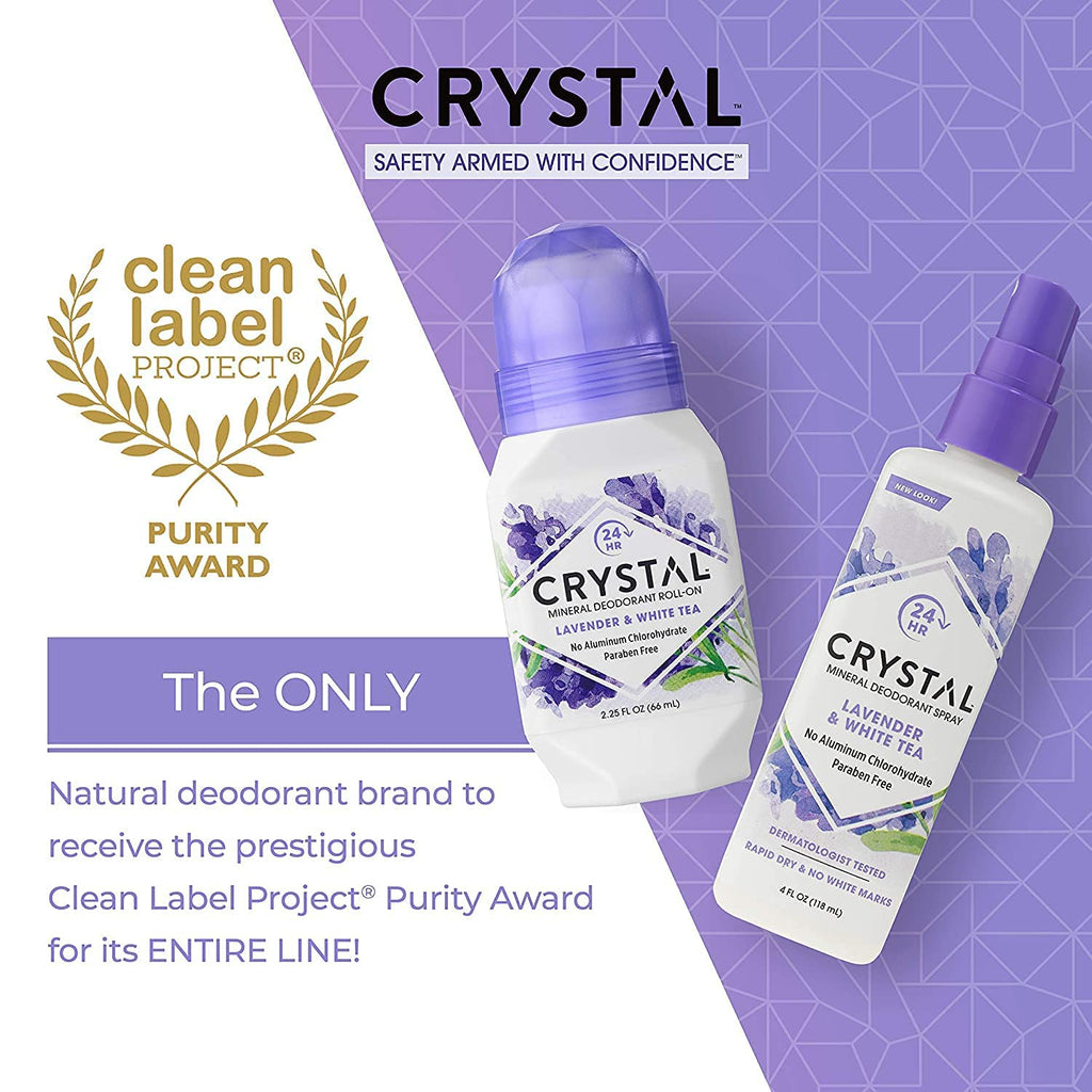 Crystal Essence Mineral Deodorant Roll-On – Lavender & White Tea, Pack of 5