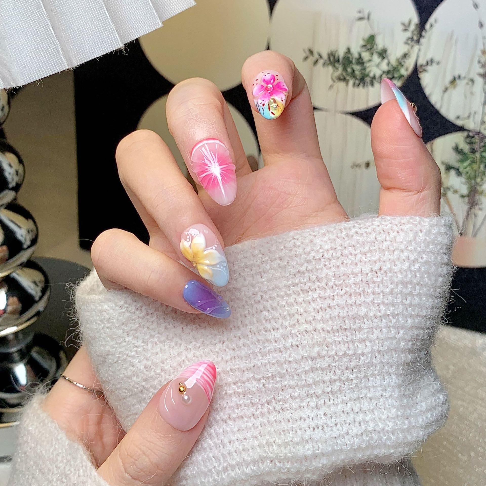 CTTHNBD Medium Almond Press-On Nails | Colorful Flower Design | Size M