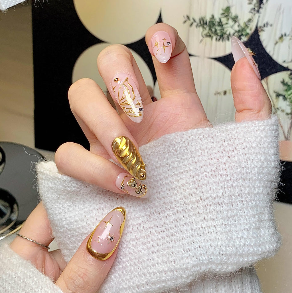 CTTHNBD Press on Nails Almond - Gold Flower Bow Design | Medium Almond Nails for Women (Size L)