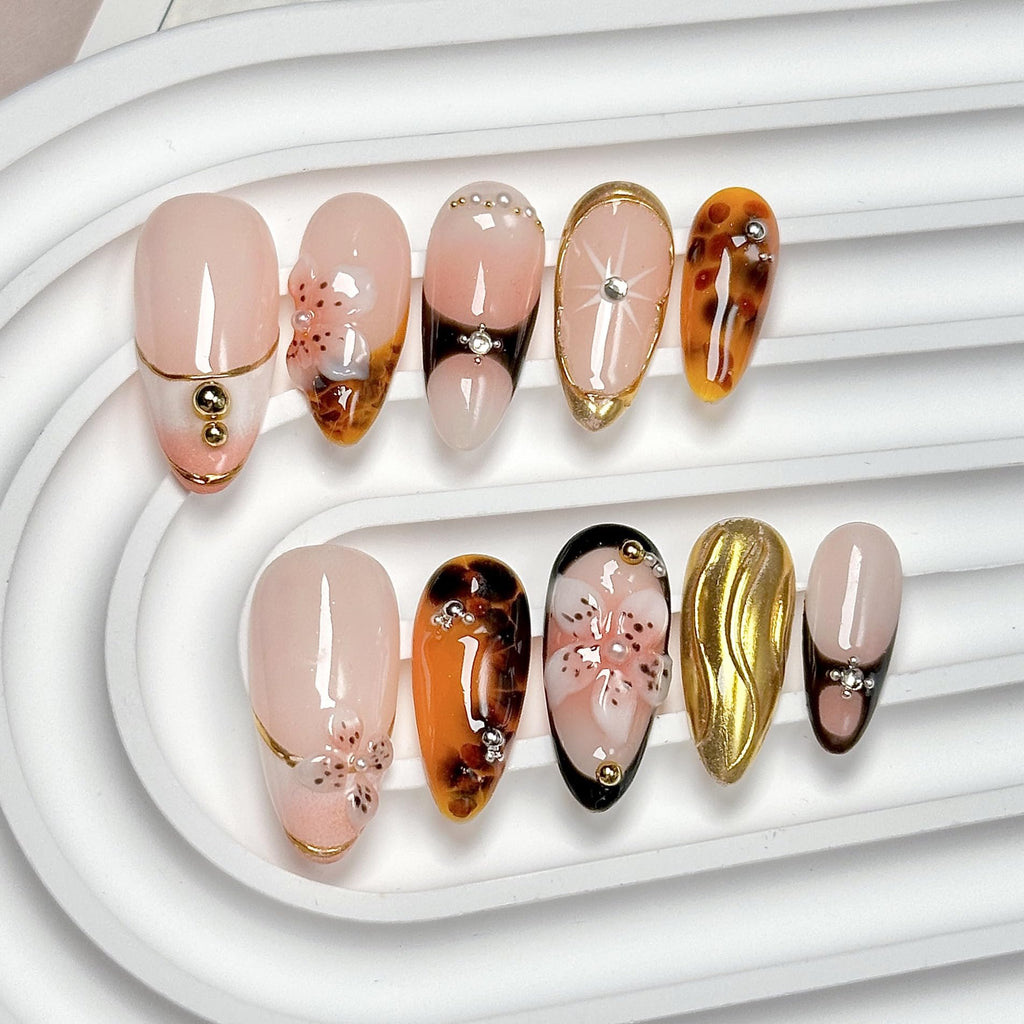 CTTHNBD Almond Press-On Nails Medium | 3D Gold Flower Design, Winter Cherry – Full Cover Glue-On (Size S)