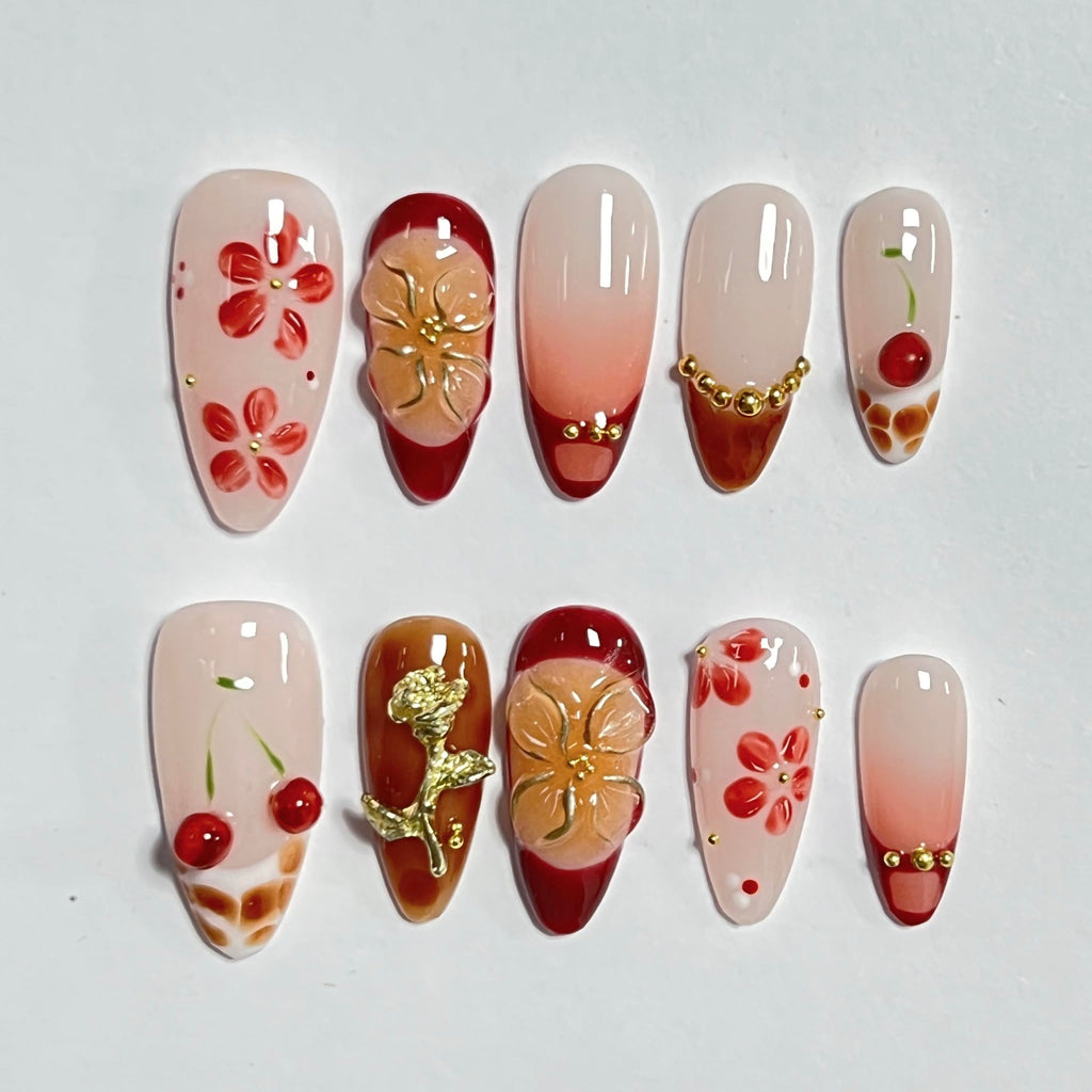CTTHNBD Almond Press On Nails Medium – 3D Gold Flower Design | Winter Cherry Full Cover Glue-On Nails (Size M)