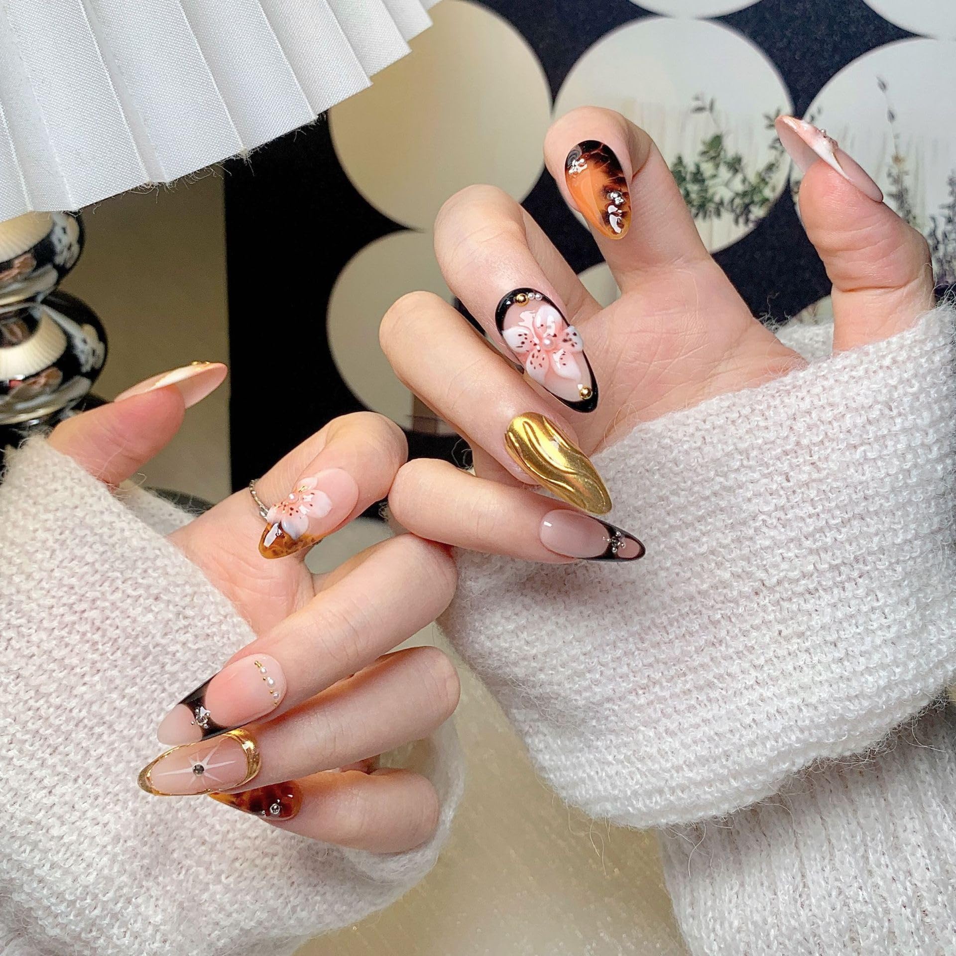 CTTHNBD Medium Almond Press-On Nails – Brown Gold Flower Design (Size M)