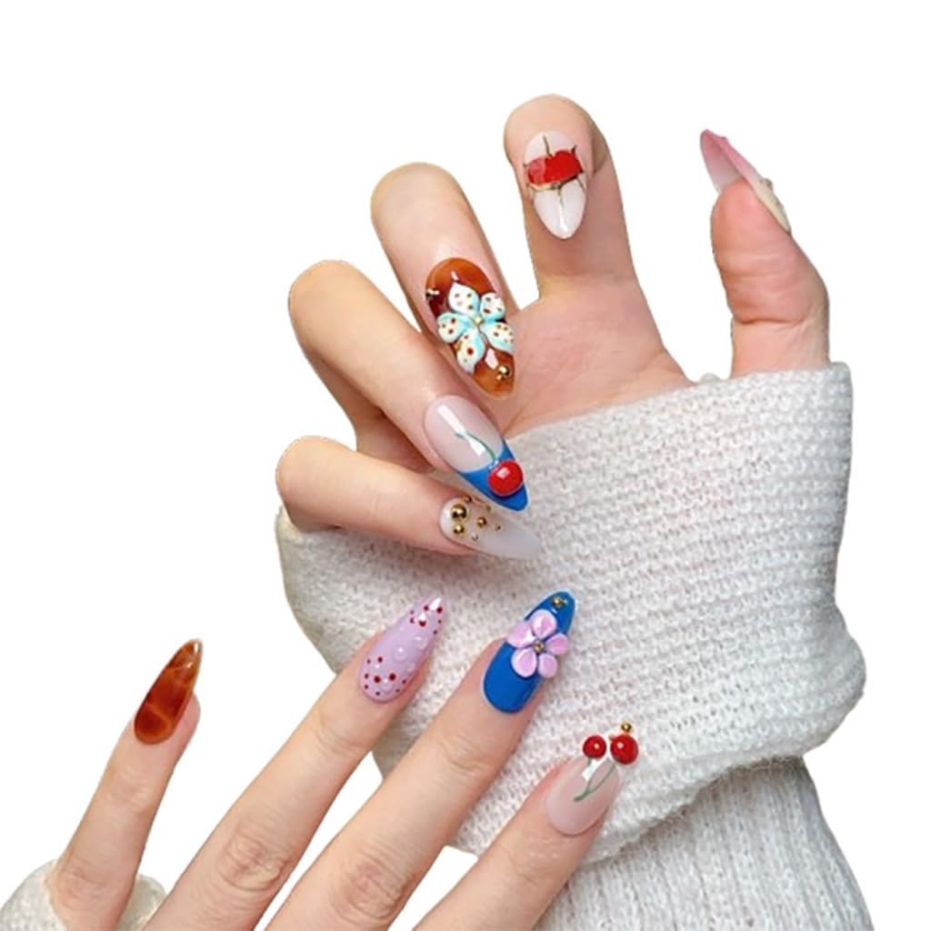 CTTHNBD Almond Press On Nails Medium – Cherry Flower Heart Design | Winter Full Cover
