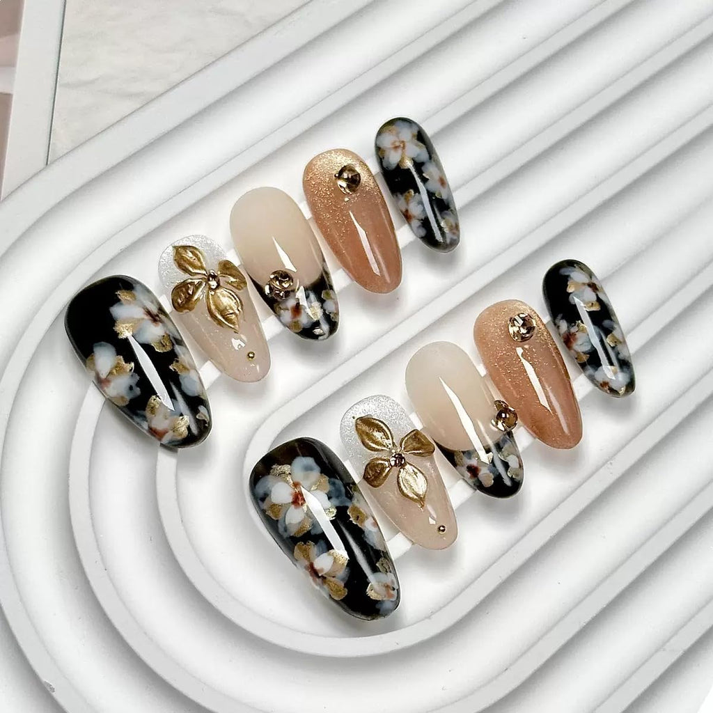 CTTHNBD Medium Almond Nails with Flower Design – Handmade Press On Nails (Size M) – Black, Gold & French Tip