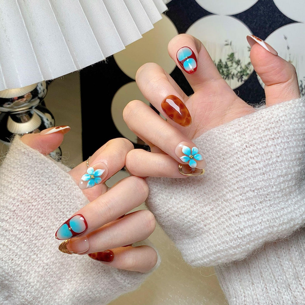 CTTHNBD Medium Almond Press-On Nails with Flower Gold Line Design | Ombre Brown Fall Nails (Size S)