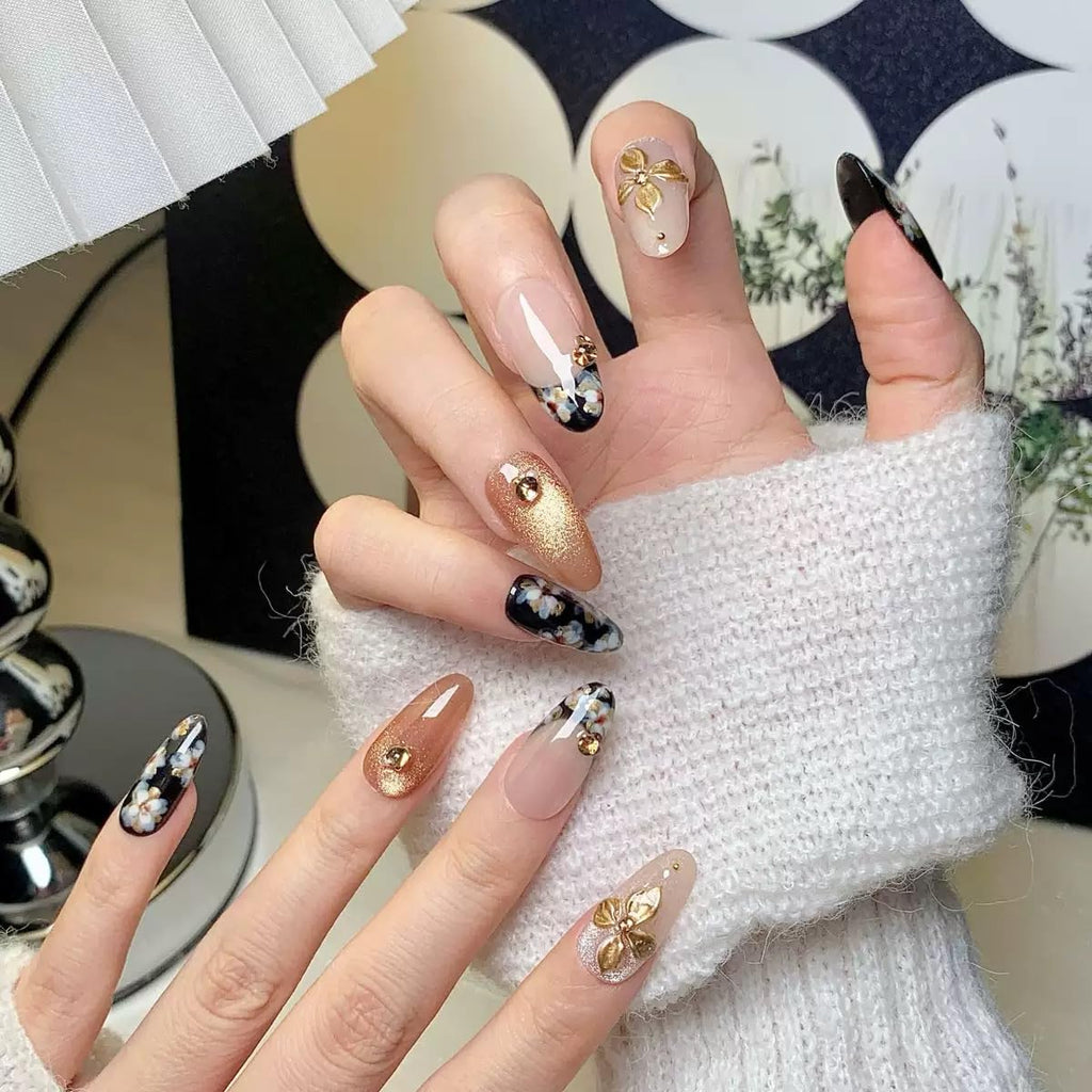CTTHNBD Medium Almond Press-On Nails with Flower Design – Black & Gold Glossy (Size L)