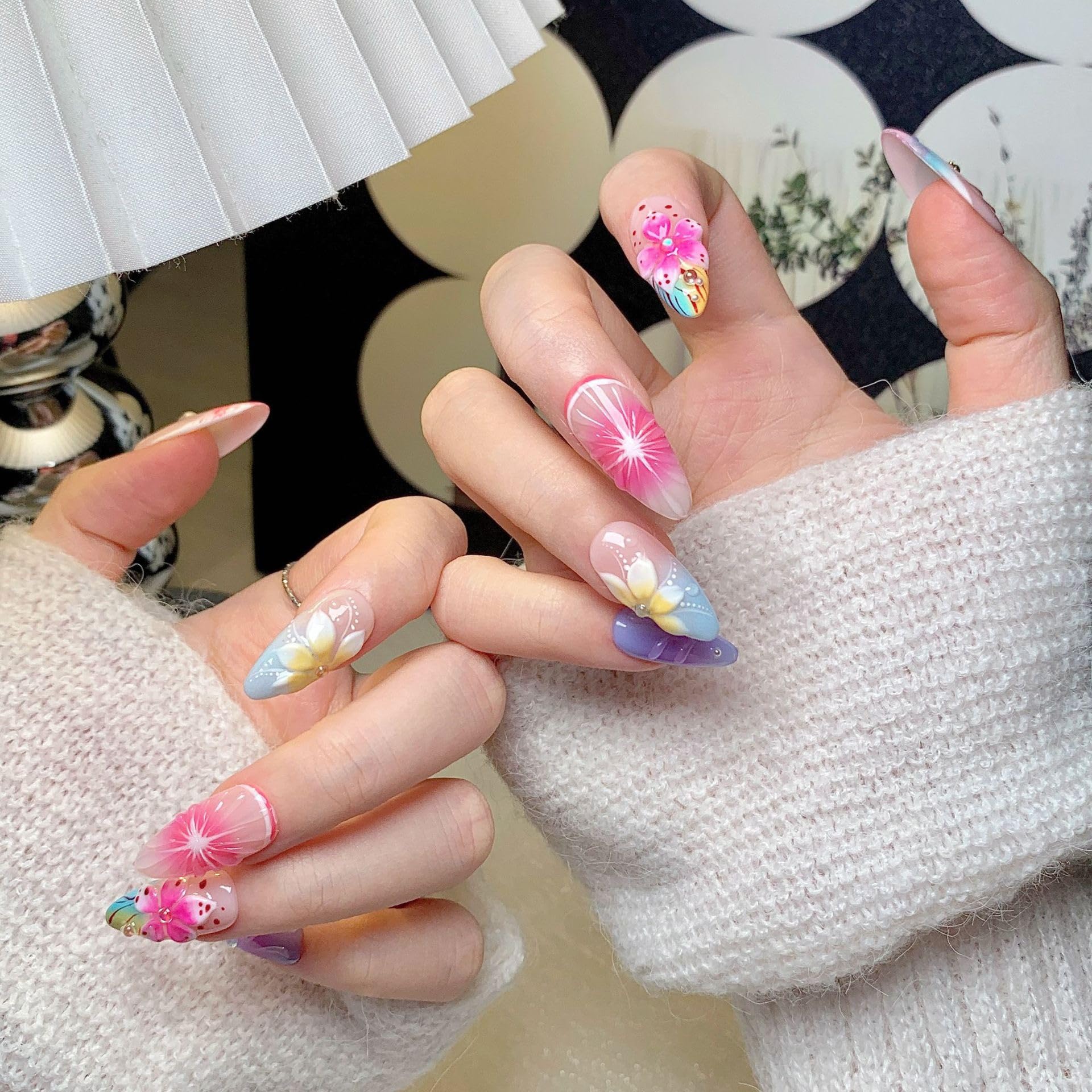 CTTHNBD Medium Almond Press-On Nails | Colorful Flower Design | Size M