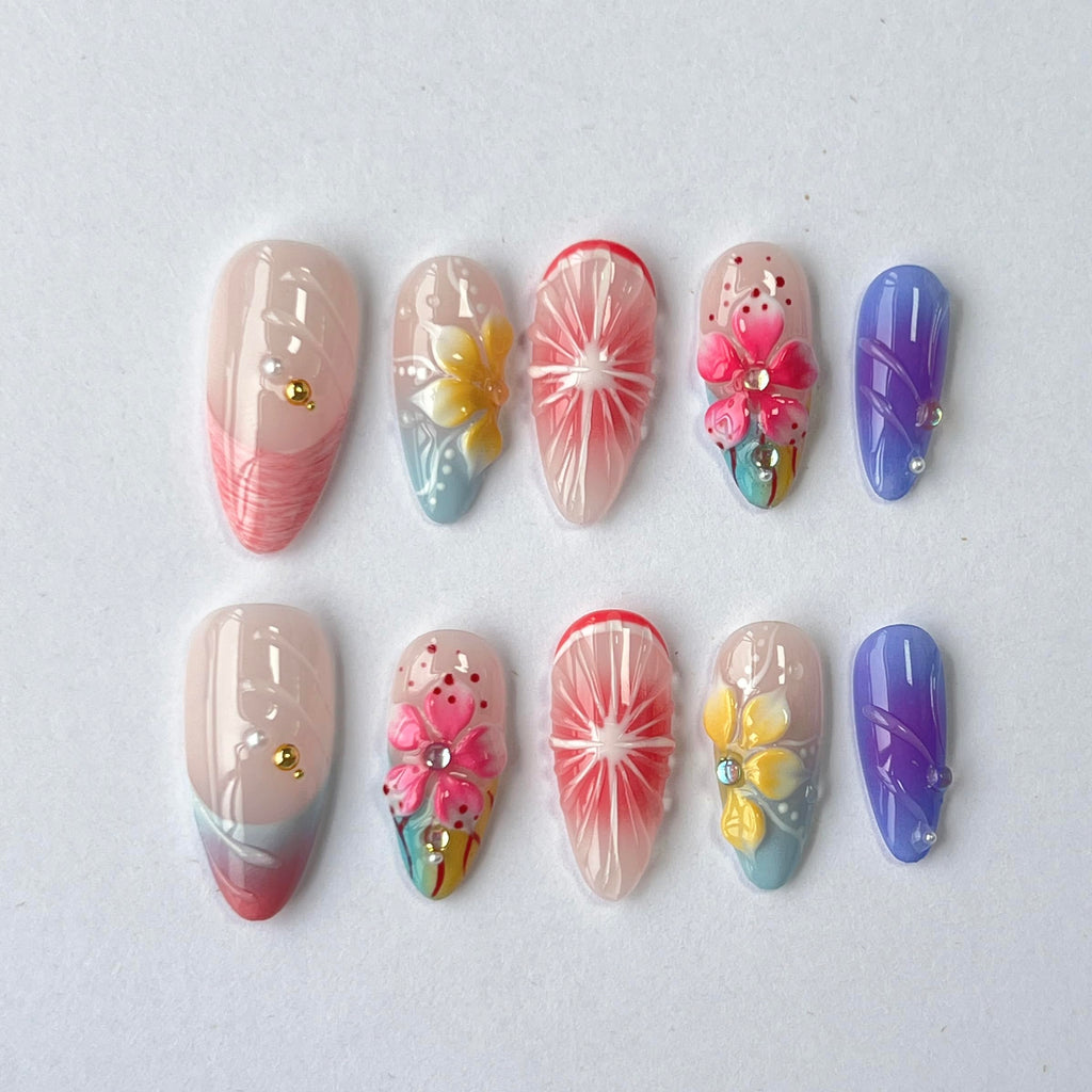 CTTHNBD Medium Almond Press-On Nails | Colorful Flower Design | Size M