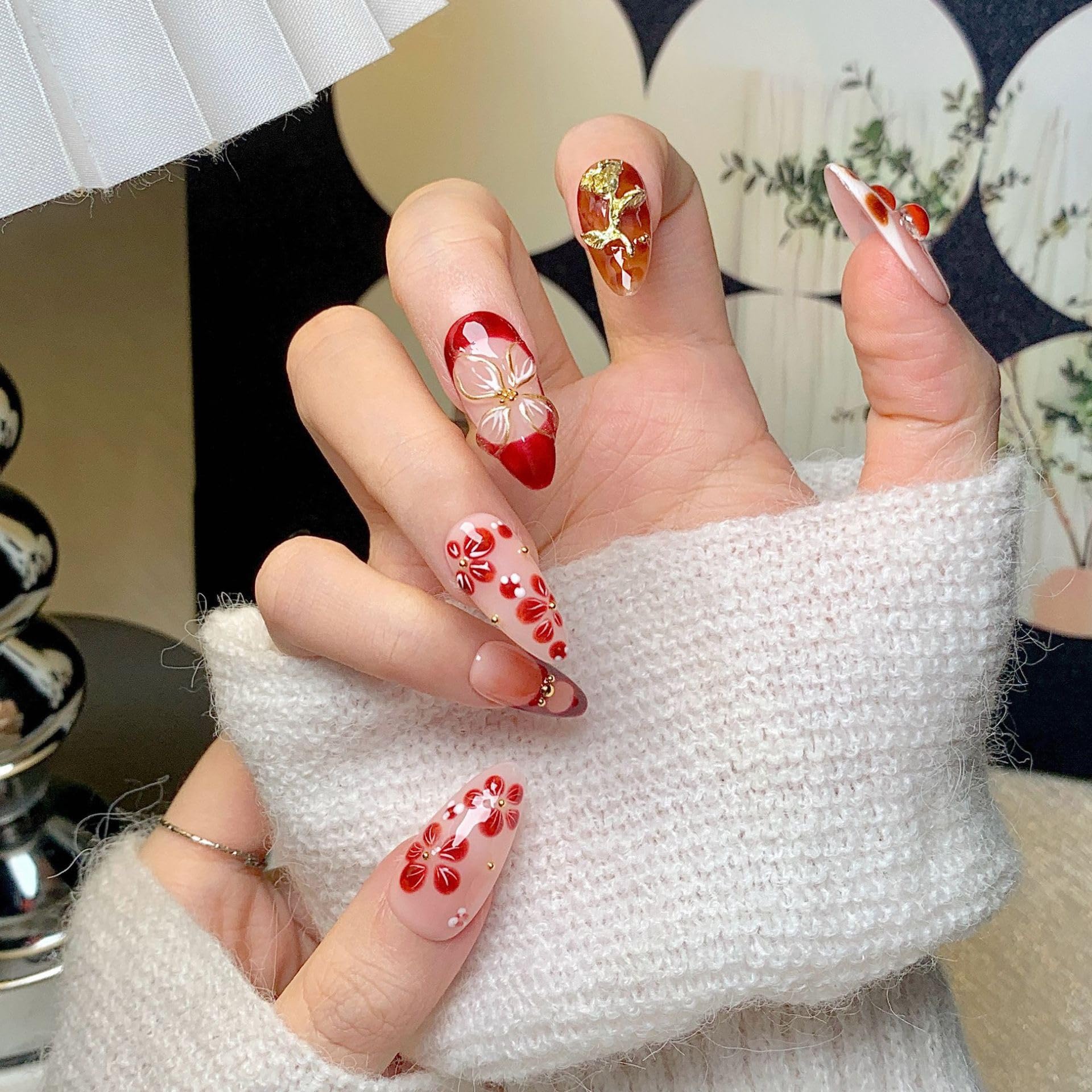 CTTHNBD Almond Press on Nails - 3D Gold Flower, Winter Cherry, Size L