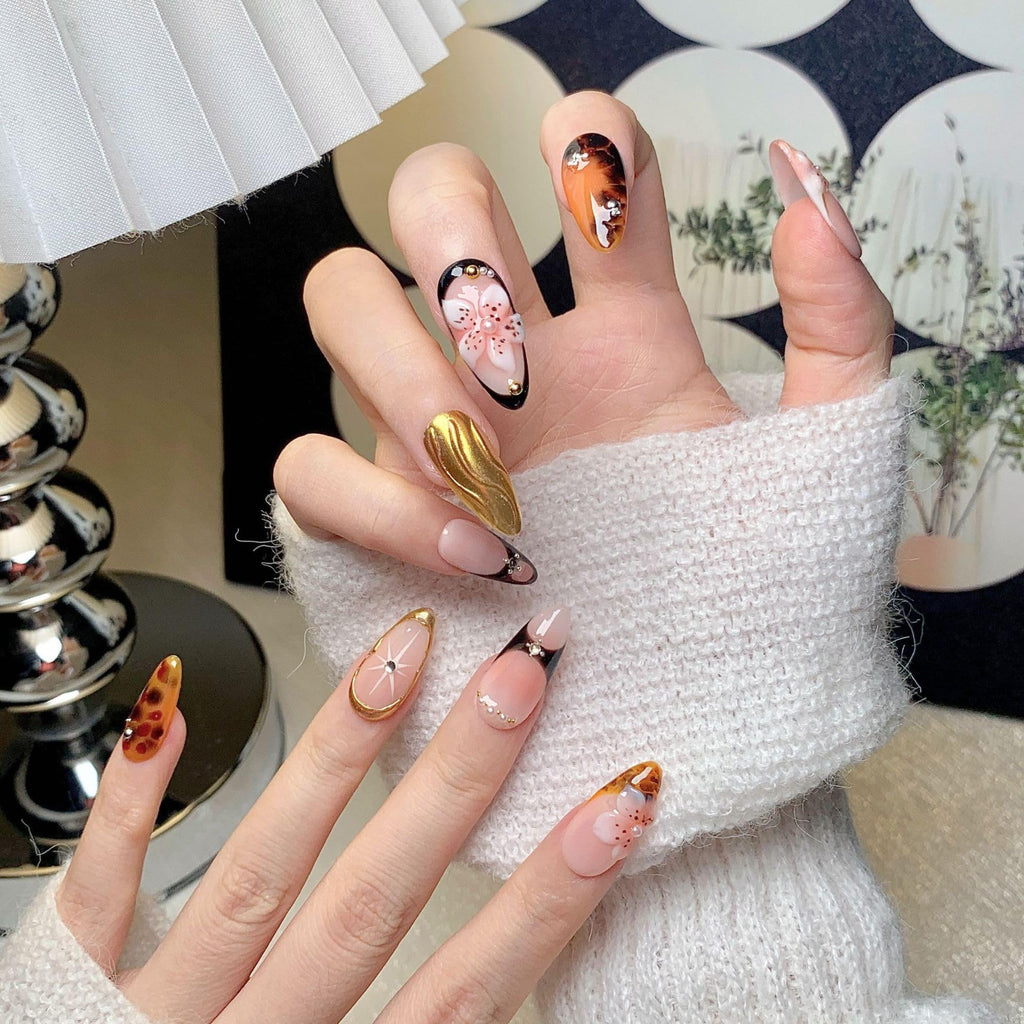 CTTHNBD Medium Almond Press-On Nails – Brown Gold Flower Design (Size M)