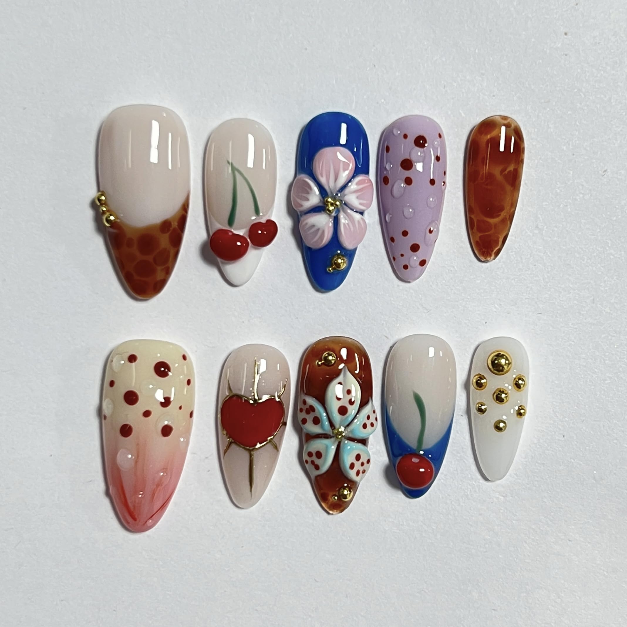 CTTHNBD Almond Press on Nails Medium – Cherry Heart Design, Winter Full Cover Stick-On Nails