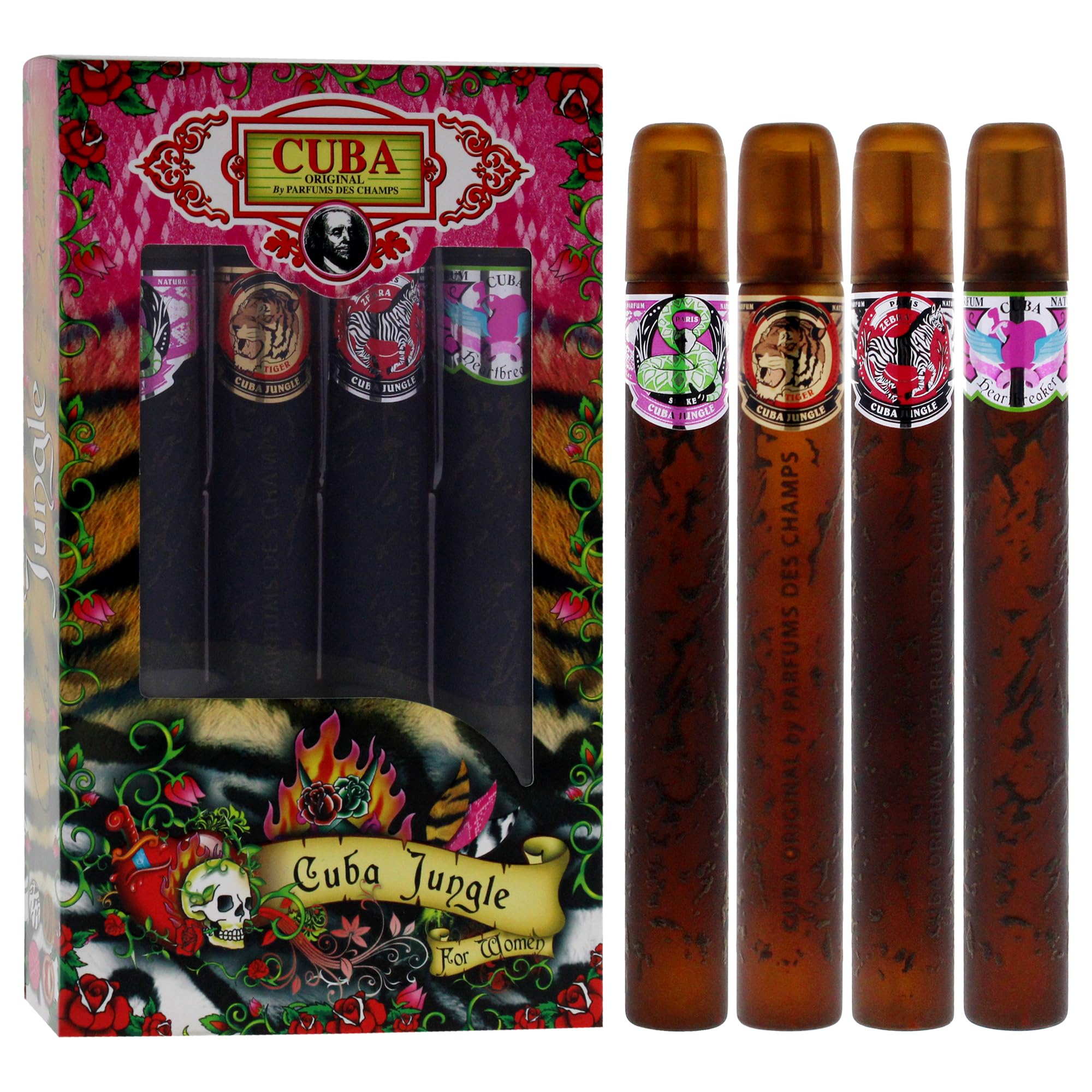 Cuba Jungle 4-Piece Gift Set for Women – Snake, Tiger, Zebra & Heartbreaker EDP 1.17 oz Each