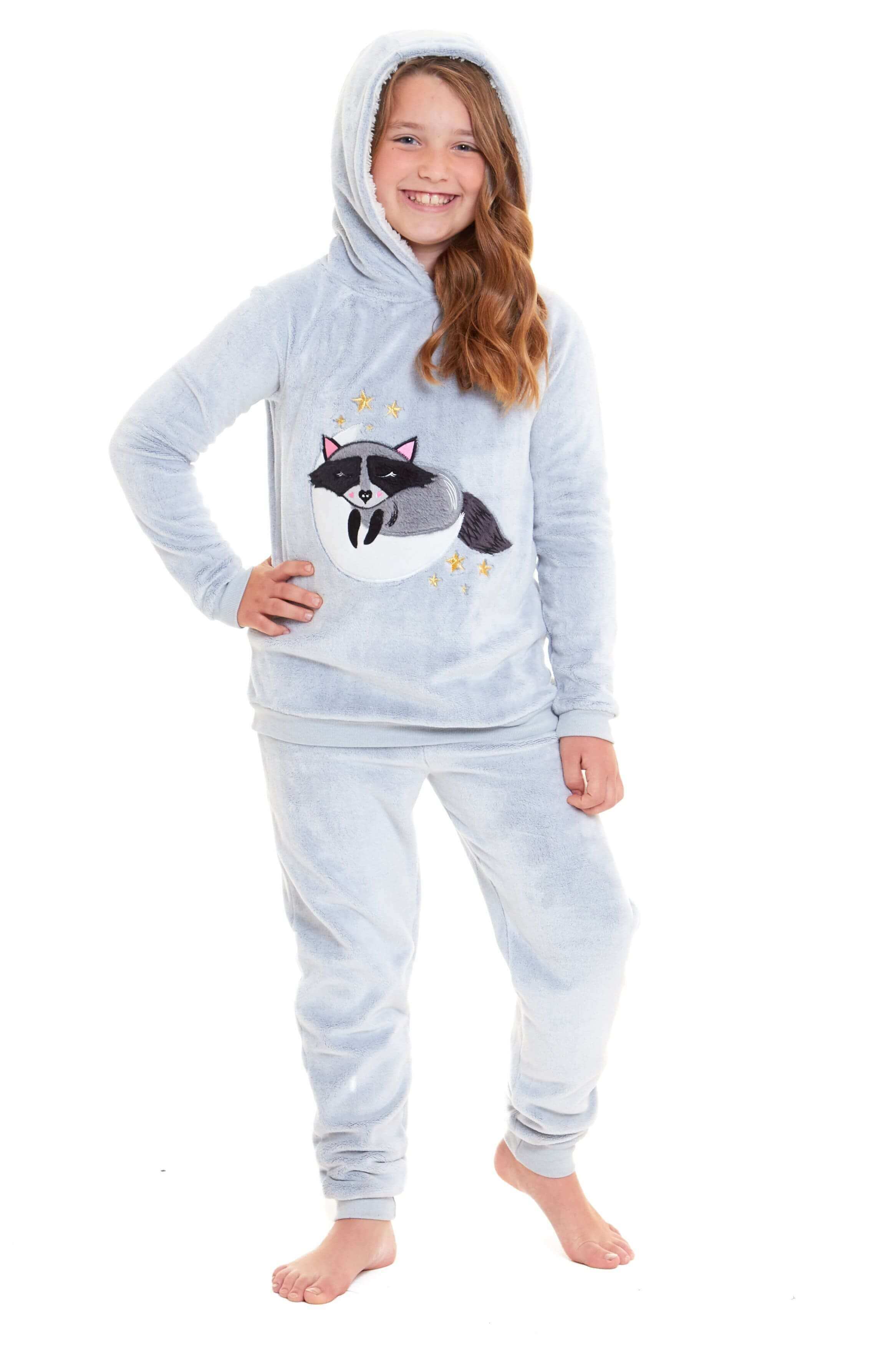 Daisy Dreamer Cuddly Raccoon Fleece Hooded Pyjama Set For Women And Girls Sherpa Lined