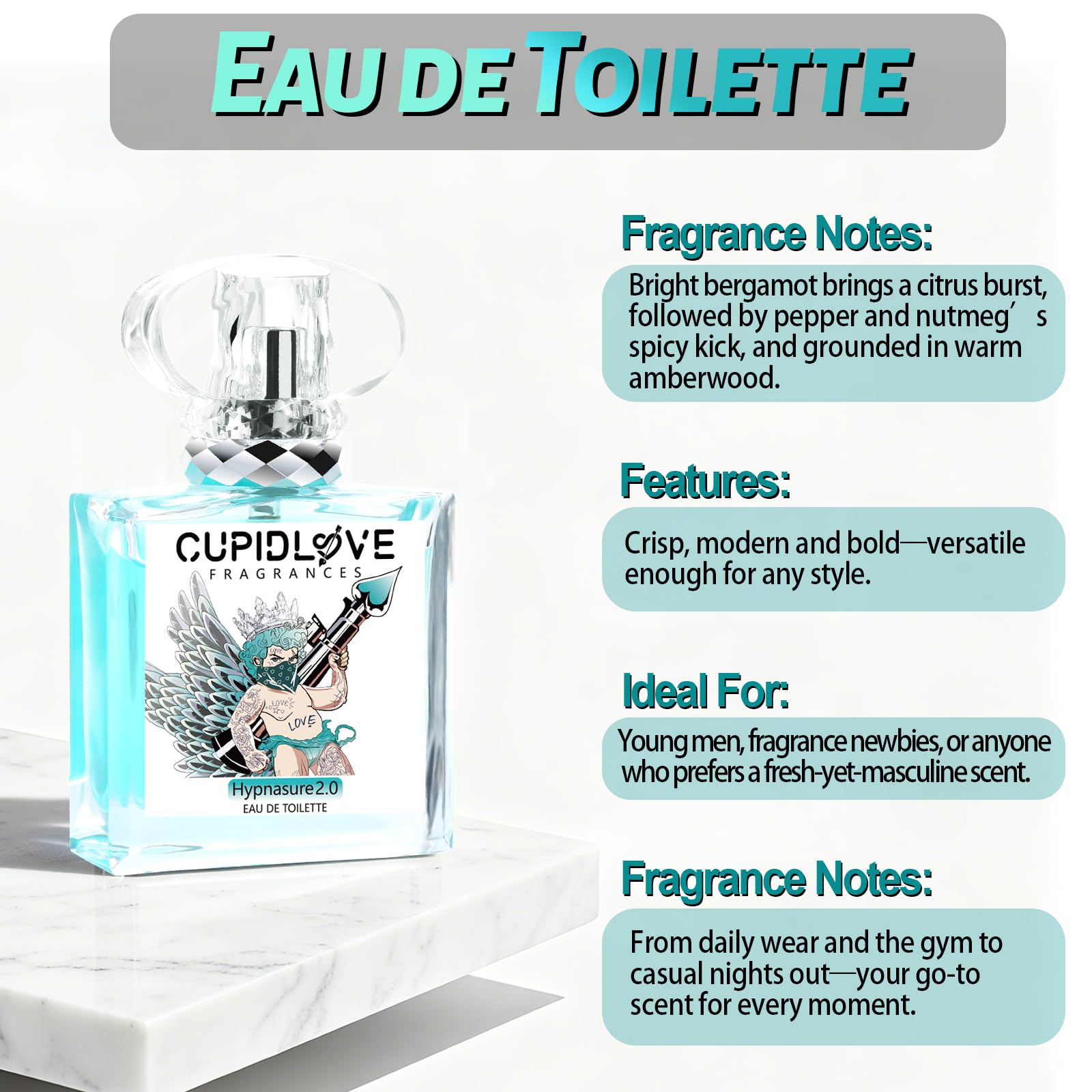 CUPIDLOVE Fresh Men's Eau de Toilette – Citrus, Woody & Musky Bergamot, 1.7 oz