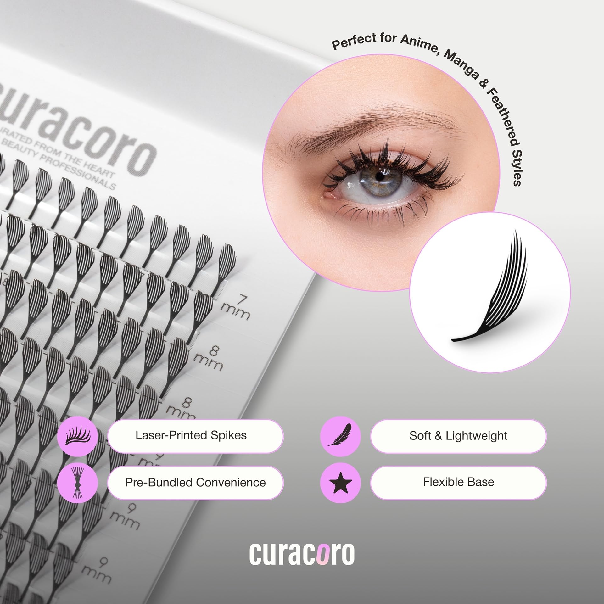 Curacoro Anime Feather Spike Lashes – Lightweight Premade Spikes LC Curl 7–16mm for Professionals