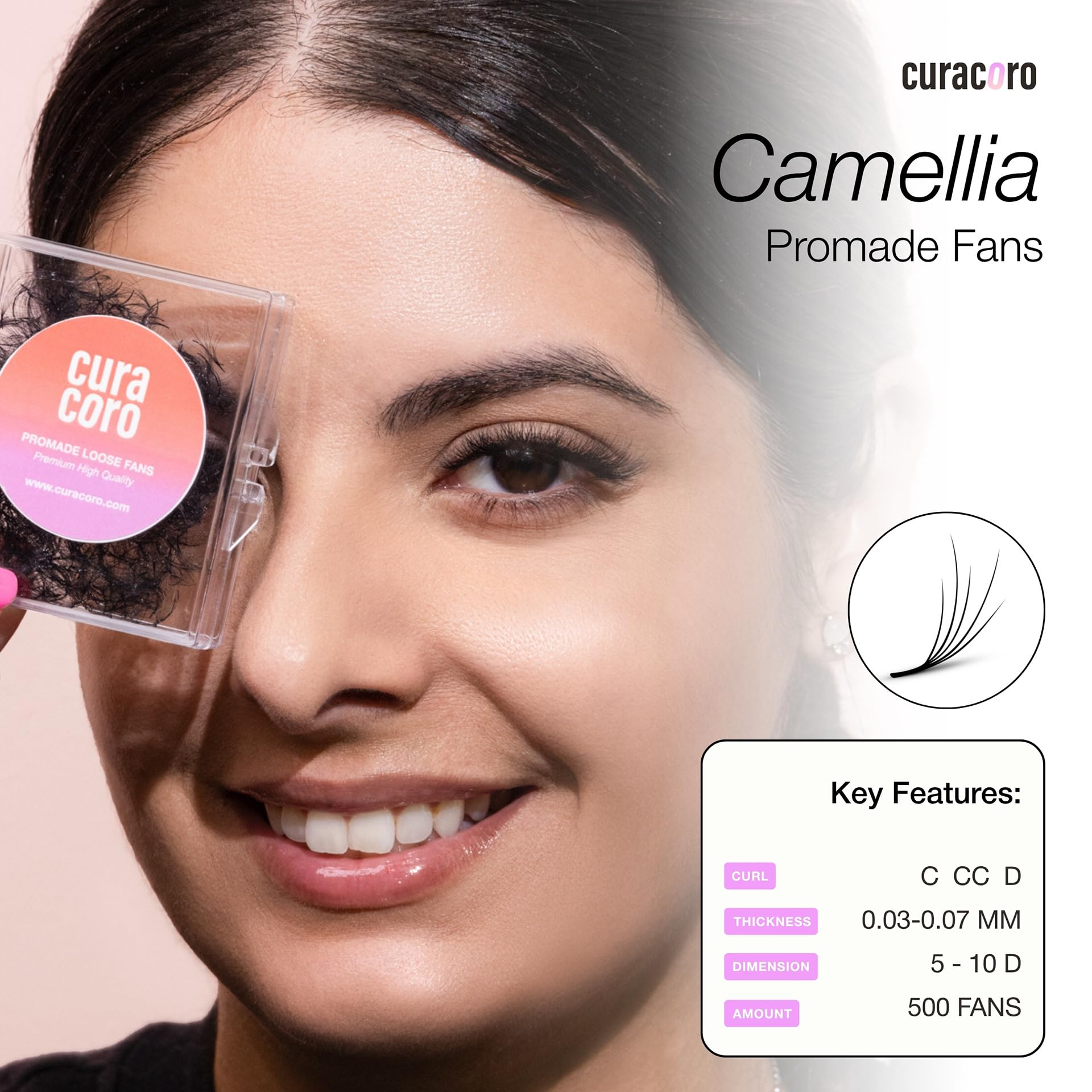 Curacoro Camellia Promade Fans – Handmade 5D–10D Lash Fans, 7–14mm Mix