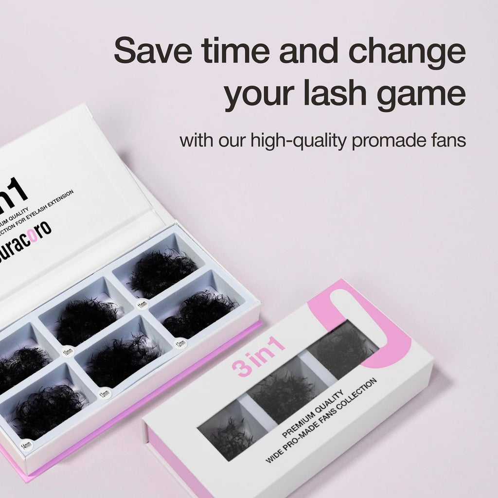 CURACORO Promade Mix 750 Fans – Handmade Volume Lashes, 5D–12D, C/CC/D Curl, 0.03–0.1mm, 9–18mm Lengths