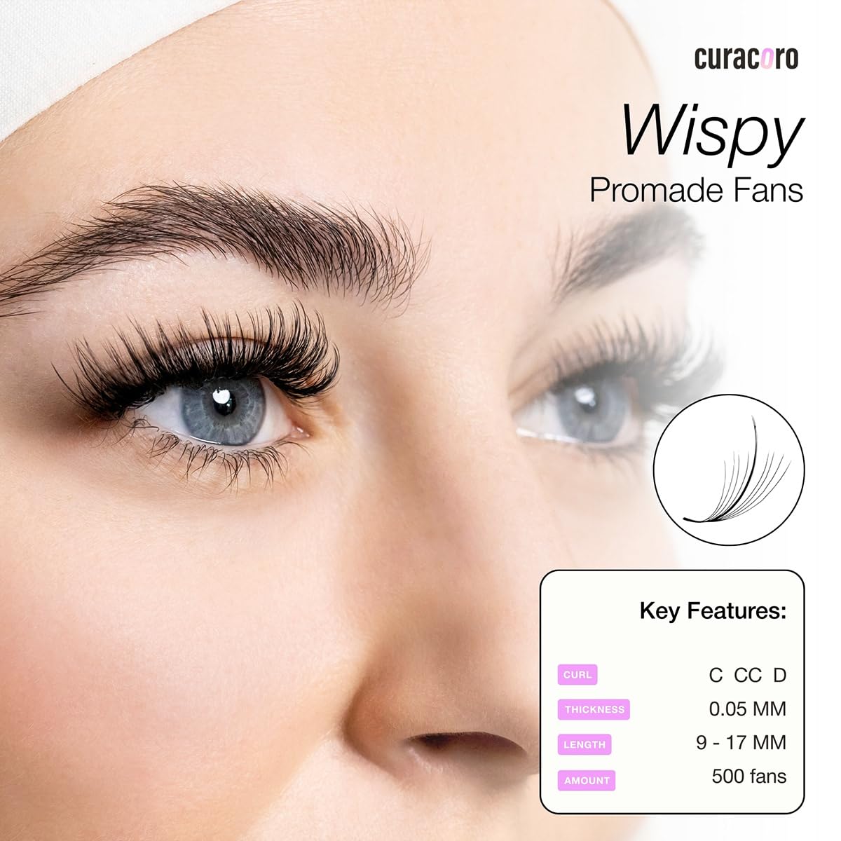 Curacoro Promade Wispy Fans 9D 0.05 – 480–500 Fans/Box, Handmade Volume Lashes, 9–17mm