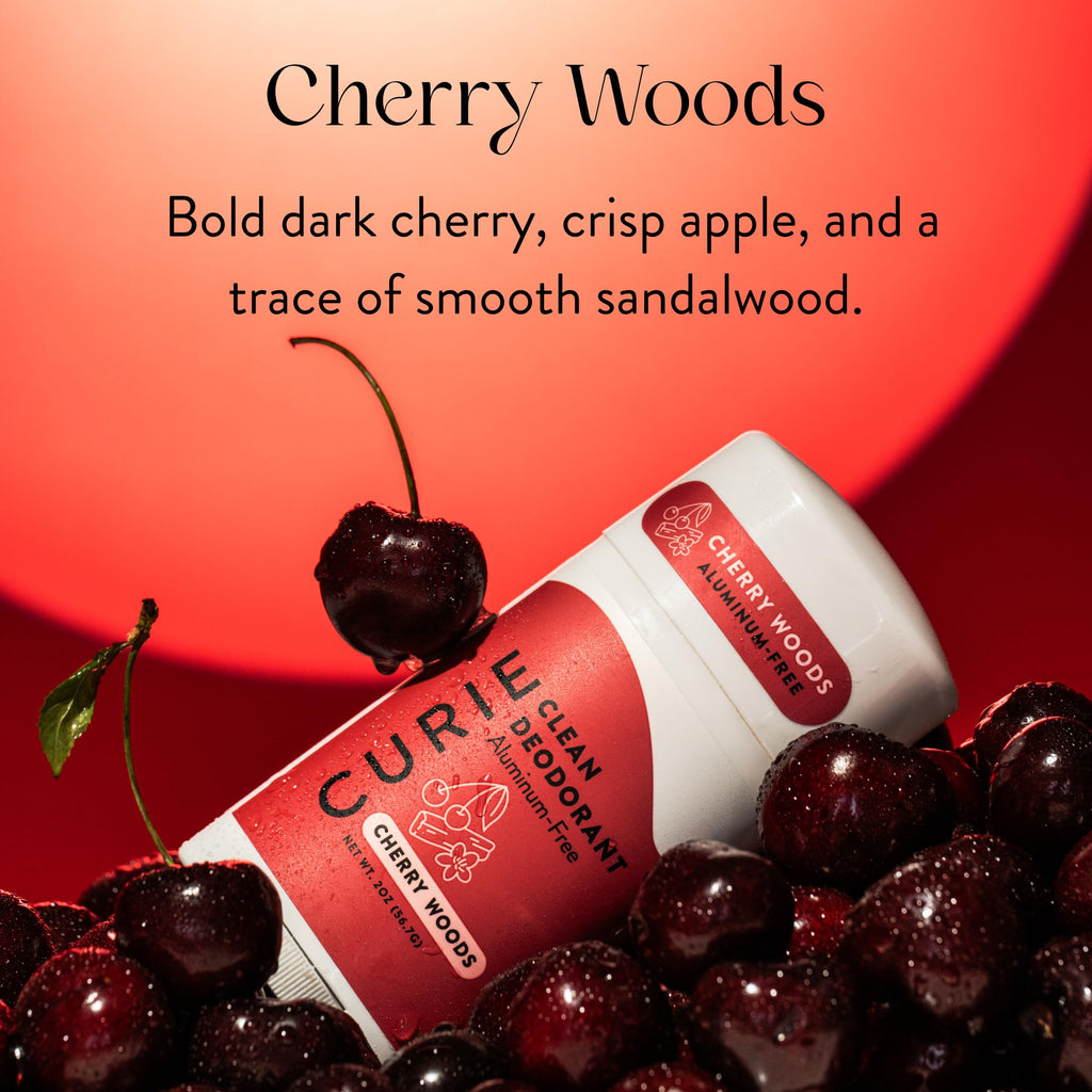 Curie Natural Deodorant Aluminum Free - Cherry Woods Stick & Mini - Travel Size (2 Pack)